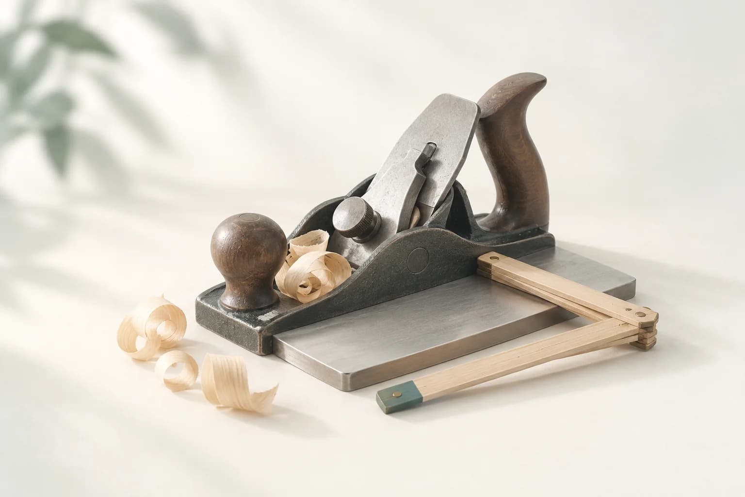 Illustration: eiserner Handhobel mit Holzgriffen auf einer Metallplatte, davor ein paar Hobelspäne, daneben ein aufgeklappter Zollstock