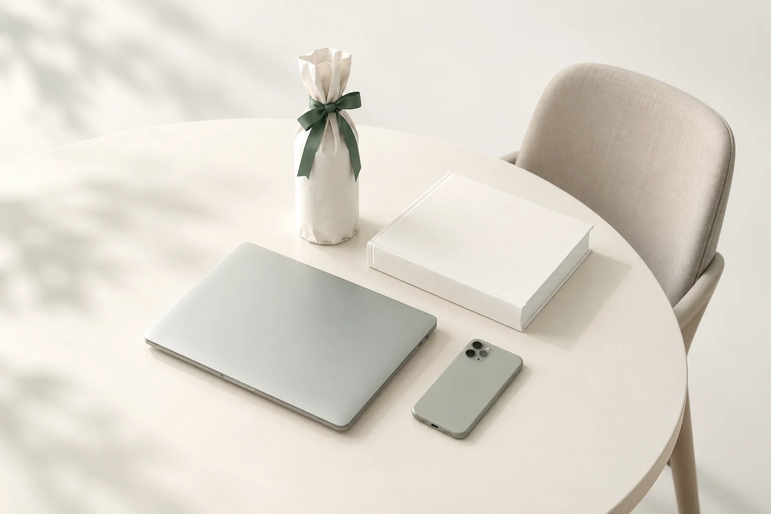 Illustration: runder Tisch mit zugeklapptem Notebook, Smartphone, dickem weißem Buch und einer in Papier gewickelten Flasche, daneben ein Polsterstuhl