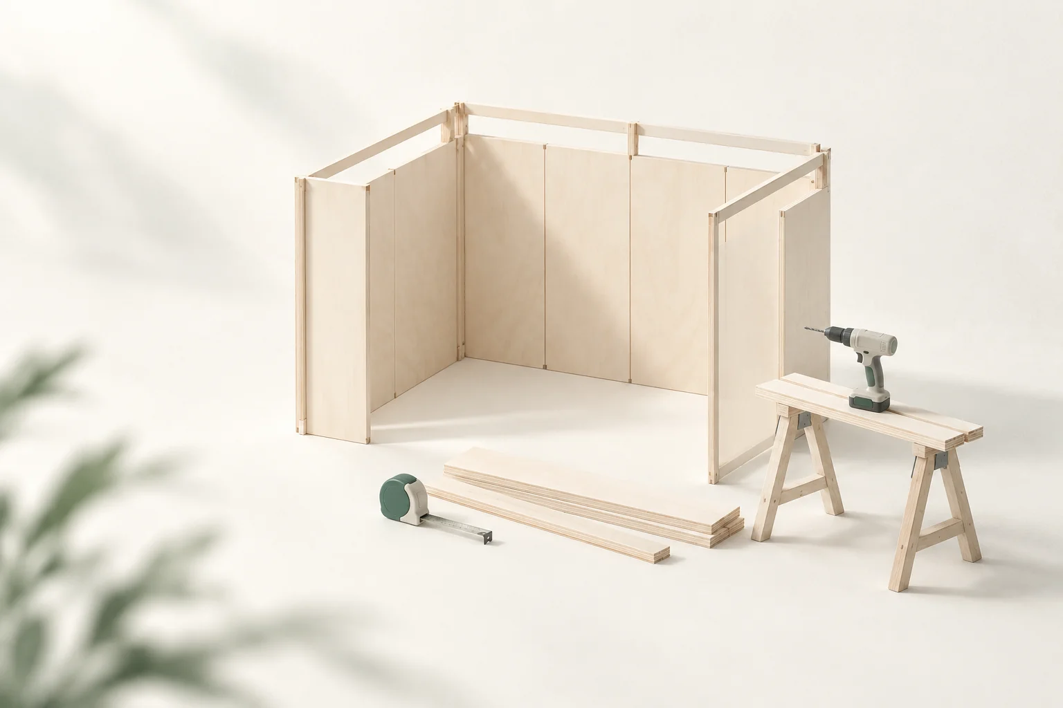 Illustration: halb aufgebauter Stand aus hellen Holzplatten, davor gestapelte Bretter und ein Maßband, daneben ein Akkuschrauber auf einem Sägebock