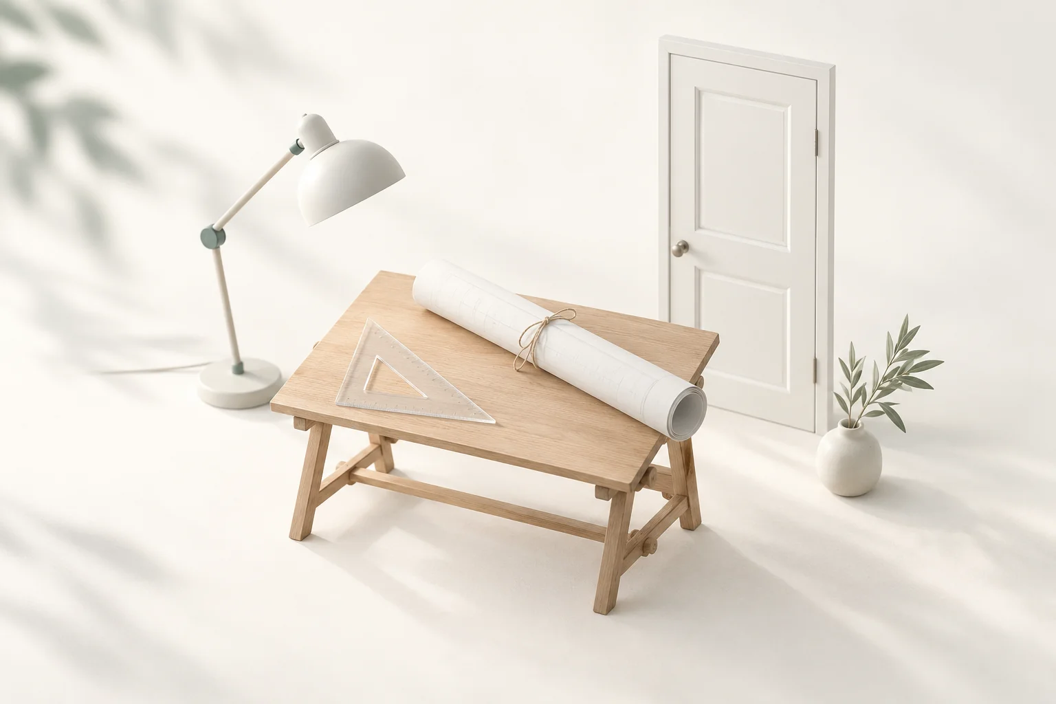 Illustration: Zeichentisch aus hellem Holz mit einer verschnürten Planrolle und einem Zeichendreieck, daneben eine Lampe, dahinter eine geschlossene Tür