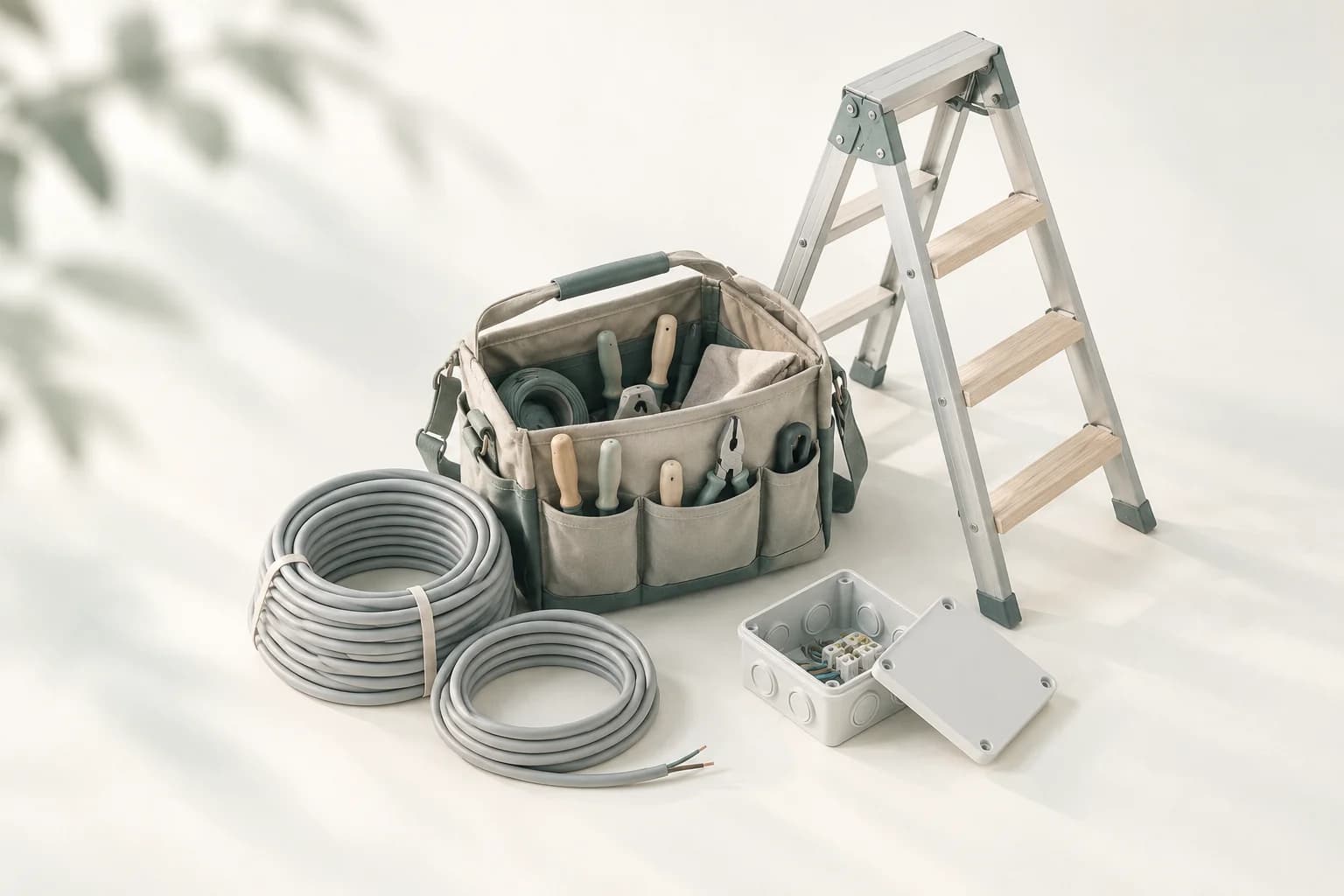 Illustration: offene Werkzeugtasche eines Elektrikers mit Zangen und Schraubendrehern, daneben zwei graue Kabelrollen, eine offene Abzweigdose und eine Leiter