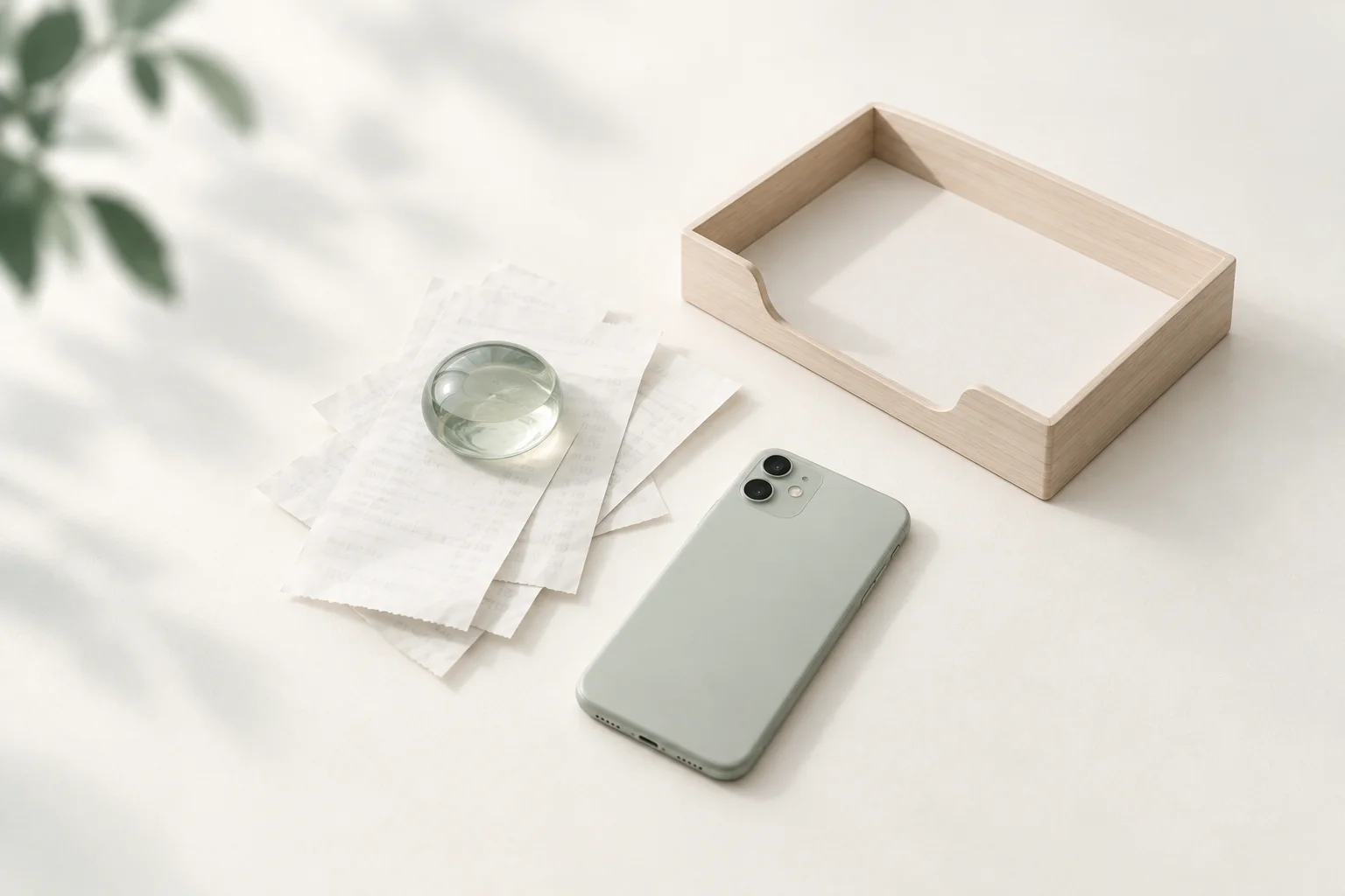 Illustration: Smartphone auf einem Schreibtisch neben verblassten Kassenbons unter einem gläsernen Briefbeschwerer und einer leeren Papierablage