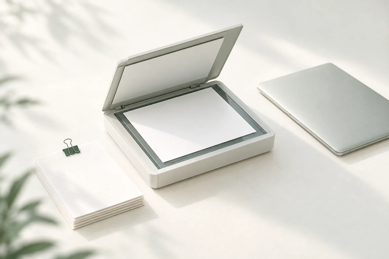 Illustration: Dokumentenscanner mit geöffnetem Deckel und einem leeren Blatt, daneben ein kleiner Papierstapel mit Foldback-Klammer und ein Laptop