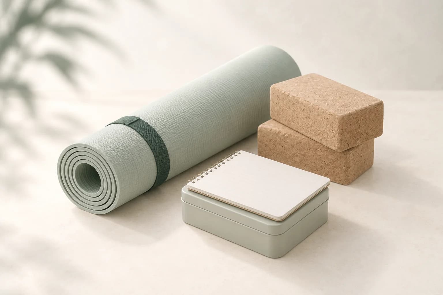Illustration: zusammengerollte Yogamatte mit Band und zwei Korkblöcke, davor eine flache graugrüne Kassette mit einem Spiralblock darauf