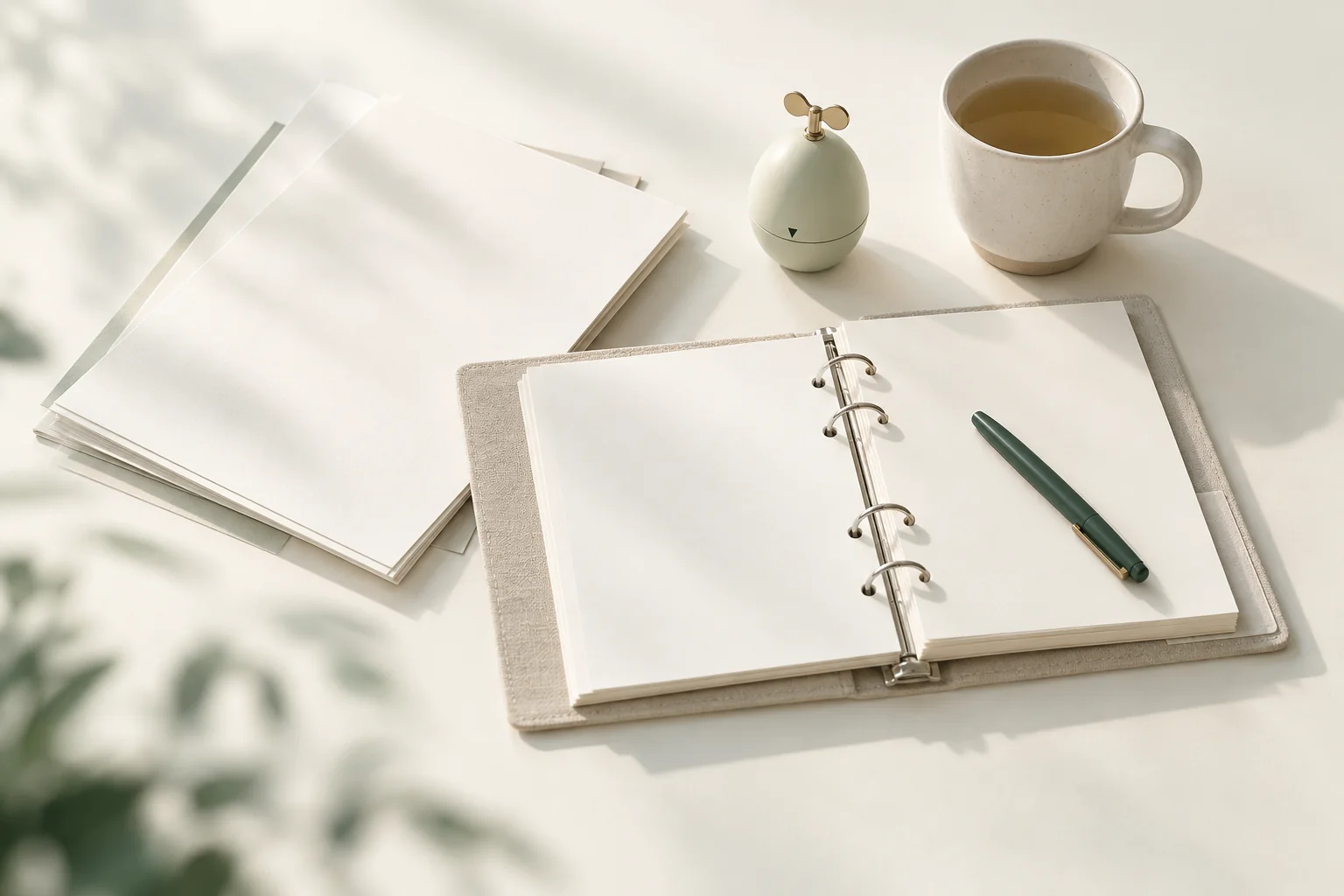 Illustration: kleine Eieruhr und ein Becher Tee neben einem aufgeschlagenen Ringordner mit leeren Seiten und einem Stapel Skizzenpapier