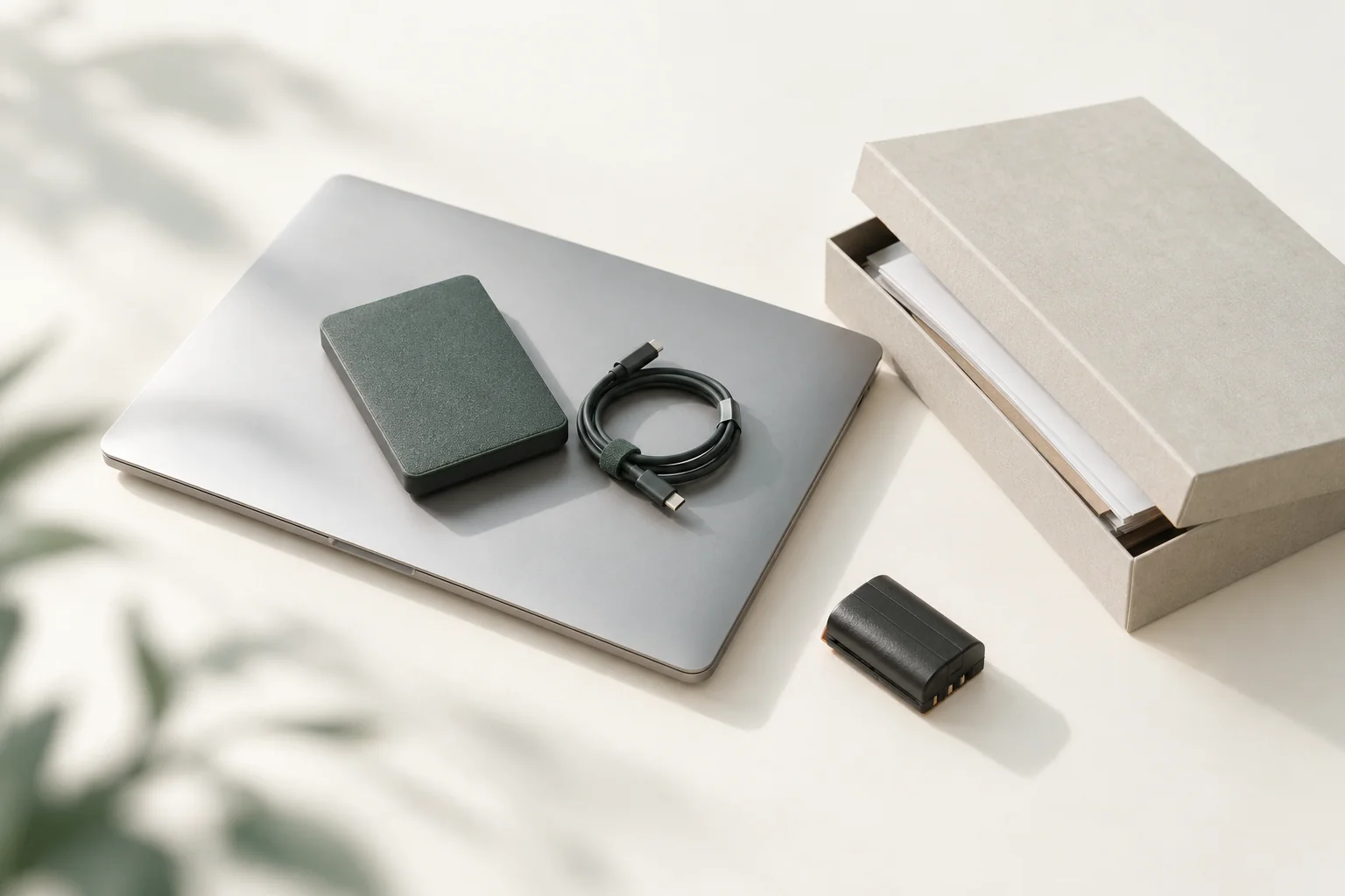 Illustration: zugeklappter Laptop mit externer Festplatte darauf, daneben eine halb geöffnete Archivbox und ein Kamera-Ersatzakku