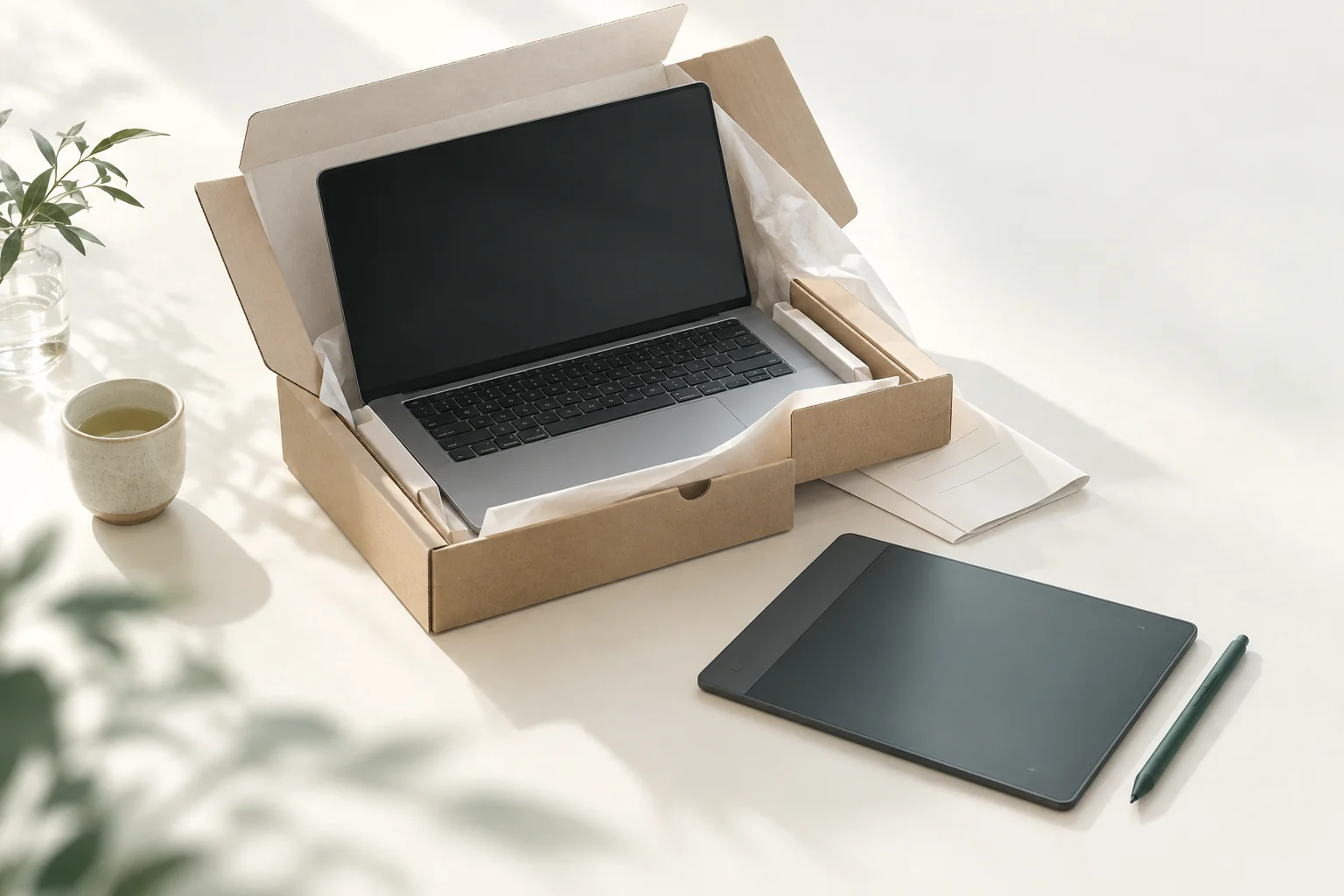 Illustration: neues Notebook halb im geöffneten Versandkarton, daneben ein Grafiktablett mit Stift und ein gefalteter Lieferschein