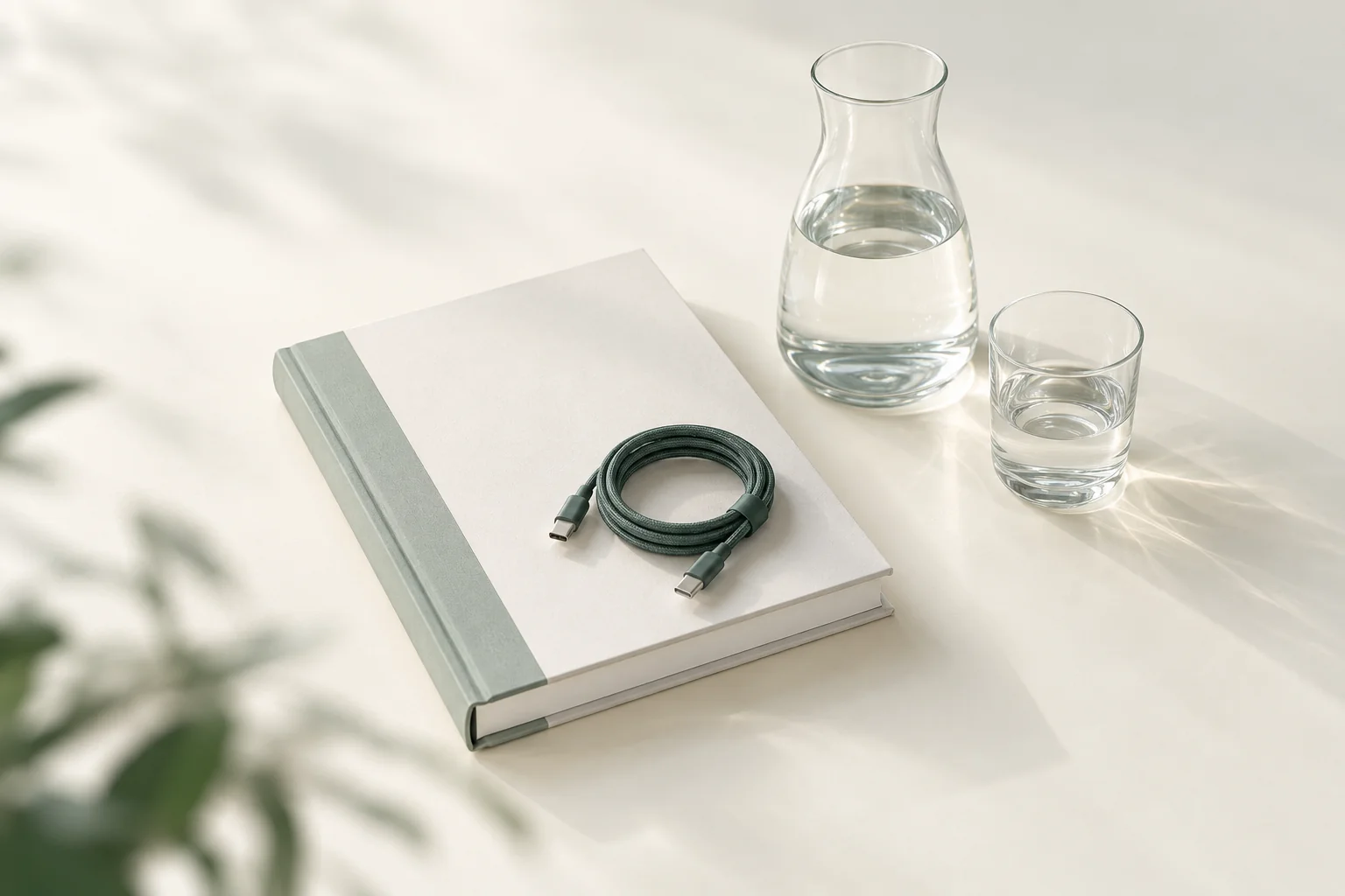 Illustration: gebundenes Buch mit hellgrünem Rücken, darauf ein aufgerolltes Datenkabel, daneben eine Wasserkaraffe und ein Glas Wasser
