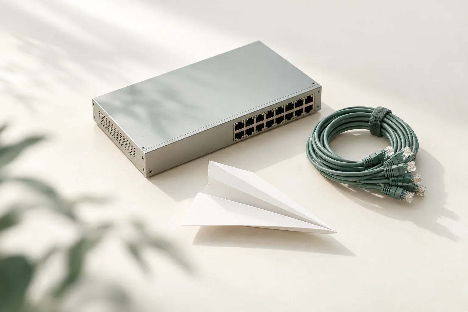 Illustration: Netzwerk-Switch mit freien Anschlüssen, daneben ein Bündel grüner Patchkabel und ein Papierflieger aus einem leeren Blatt