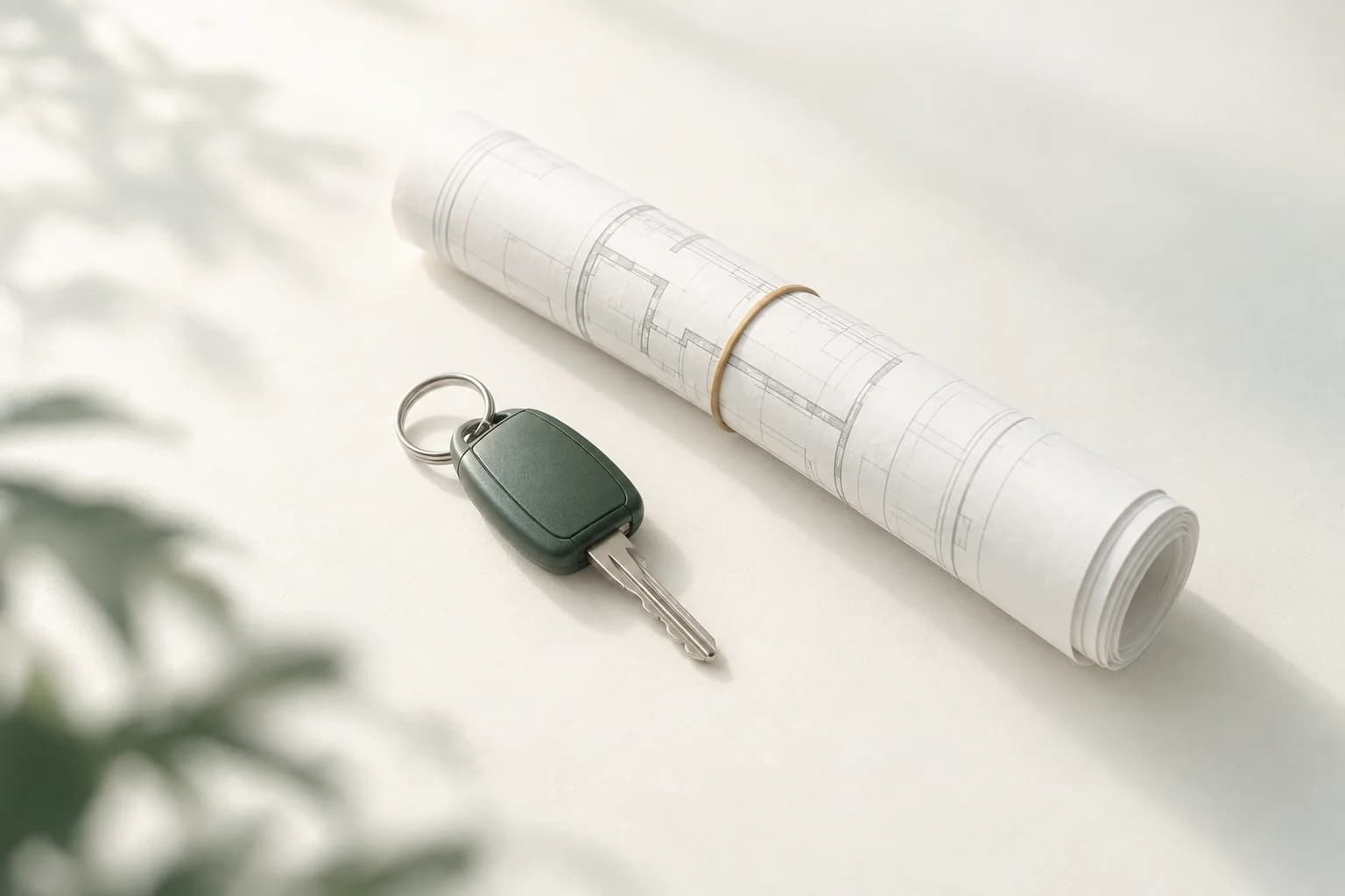 Illustration: Autoschlüssel mit dunkelgrünem Gehäuse neben einer gerollten Bauzeichnung, die ein Gummiband zusammenhält
