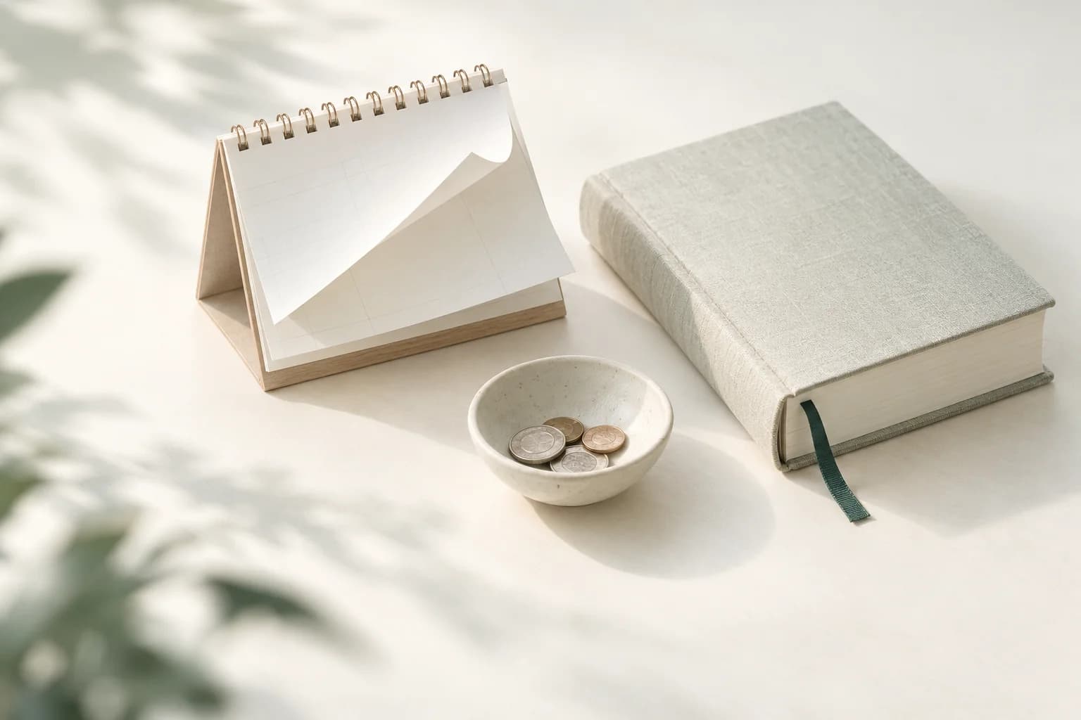 Illustration: Tischkalender beim Umblättern, daneben ein dickes Wörterbuch mit Lesebändchen und eine kleine Keramikschale mit Münzen