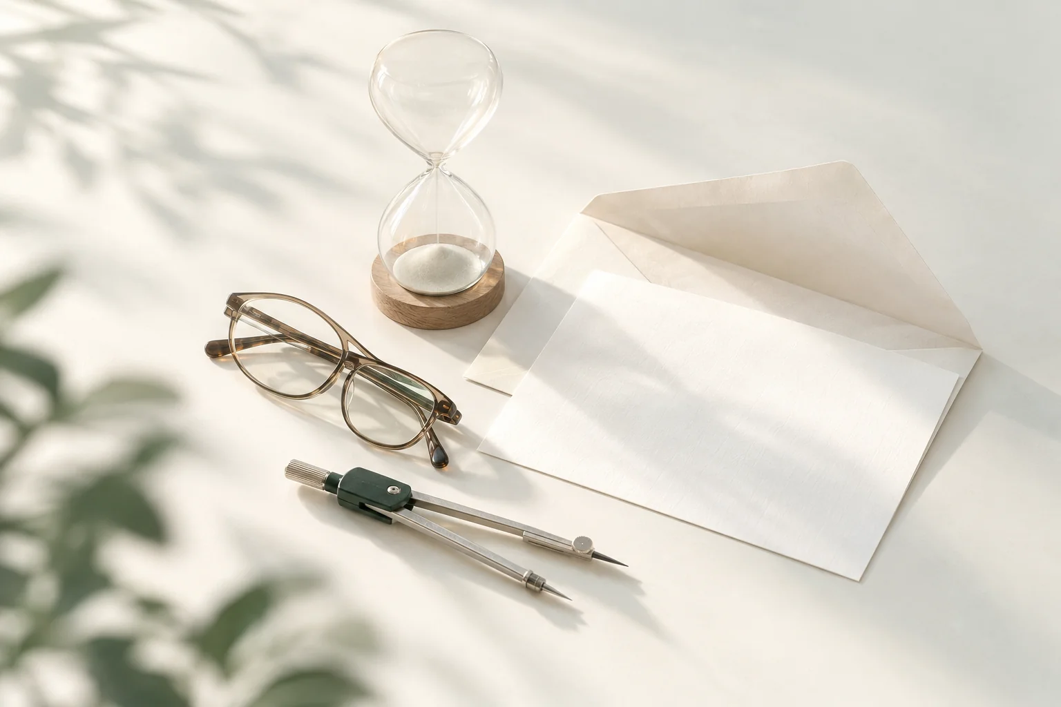 Illustration: abgelaufene Sanduhr auf einem Schreibtisch neben einem umgedrehten geöffneten Brief, einem Zirkel und einer zusammengeklappten Lesebrille
