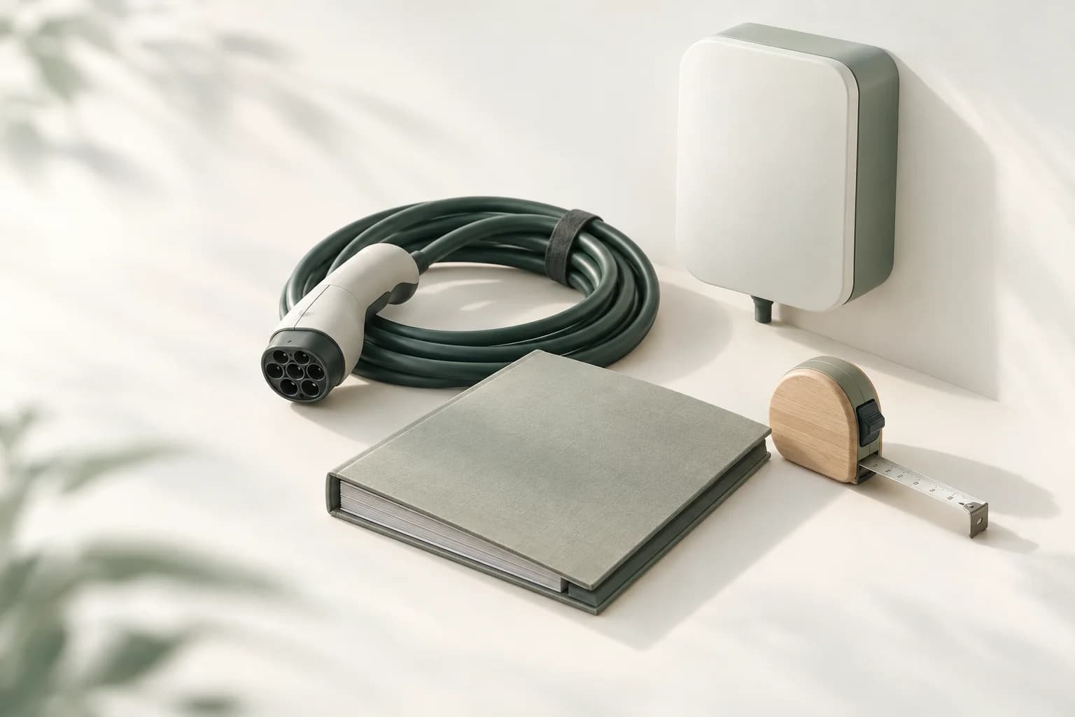 Illustration: aufgerolltes grünes Ladekabel mit Stecker vor einer Wallbox an der Wand, davor eine geschlossene Mappe und ein Maßband