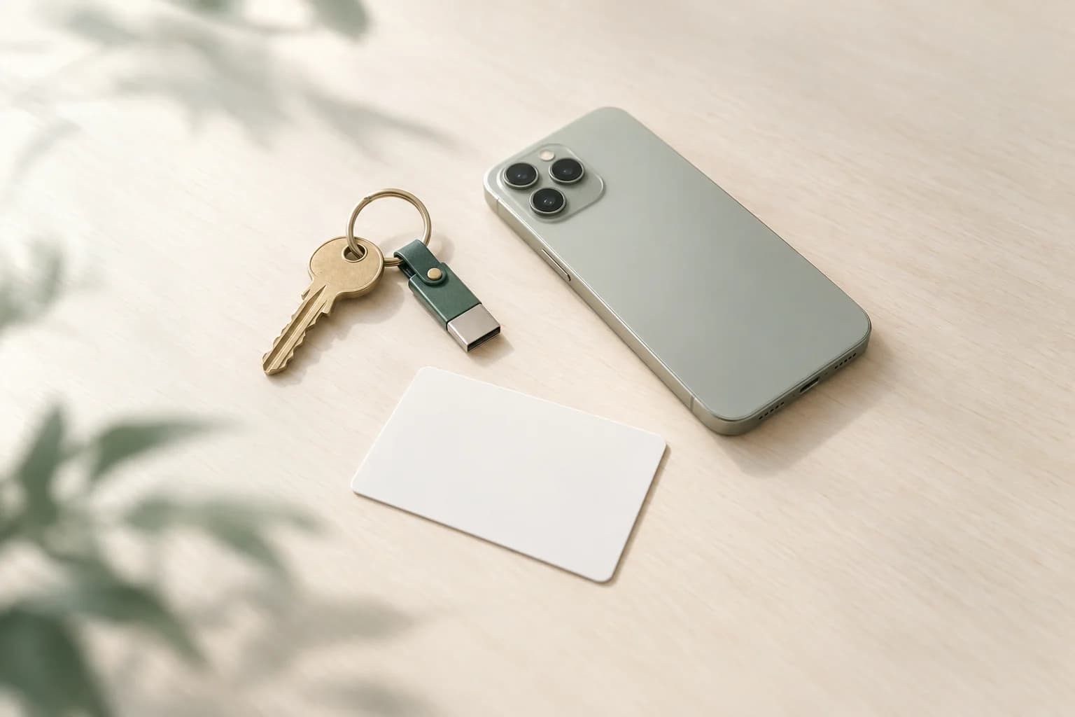Illustration: Schlüsselbund mit Messingschlüssel und USB-Stick neben einer leeren Plastikkarte und einem umgedrehten Smartphone