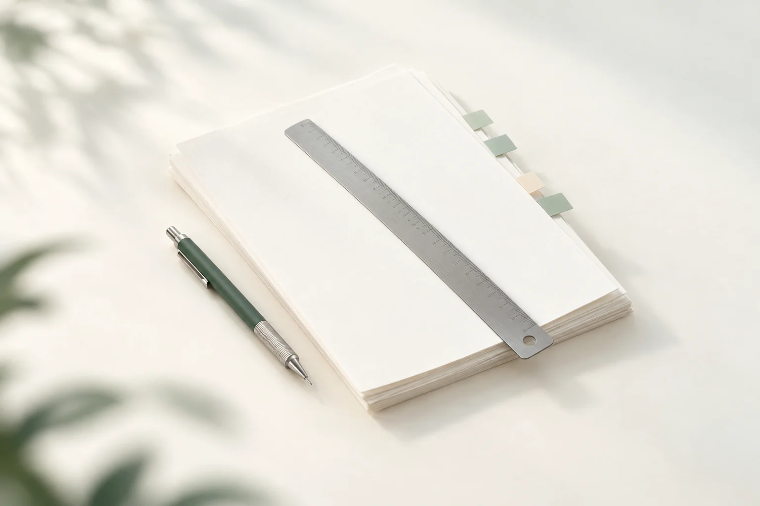 Illustration: Papierstapel mit hellgrünen und beigen Haftmarkern am Rand, darauf ein Stahllineal, daneben ein Druckbleistift