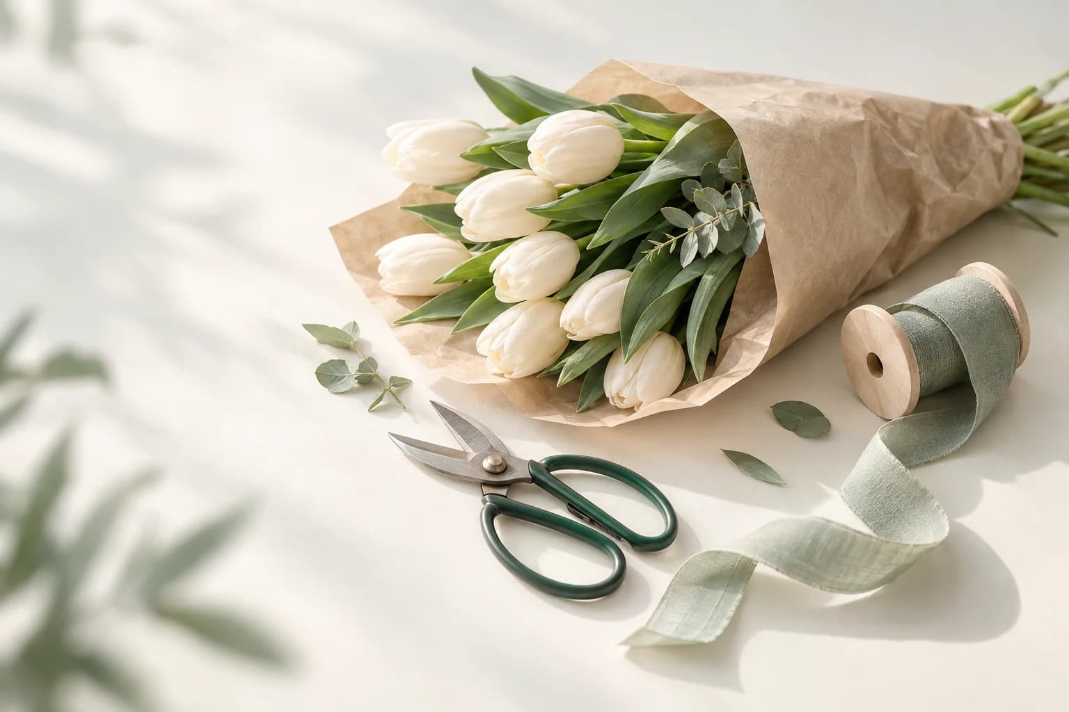 Illustration: Strauß weißer Tulpen in Packpapier, daneben eine Blumenschere mit grünen Griffen und eine Rolle hellgrünes Stoffband