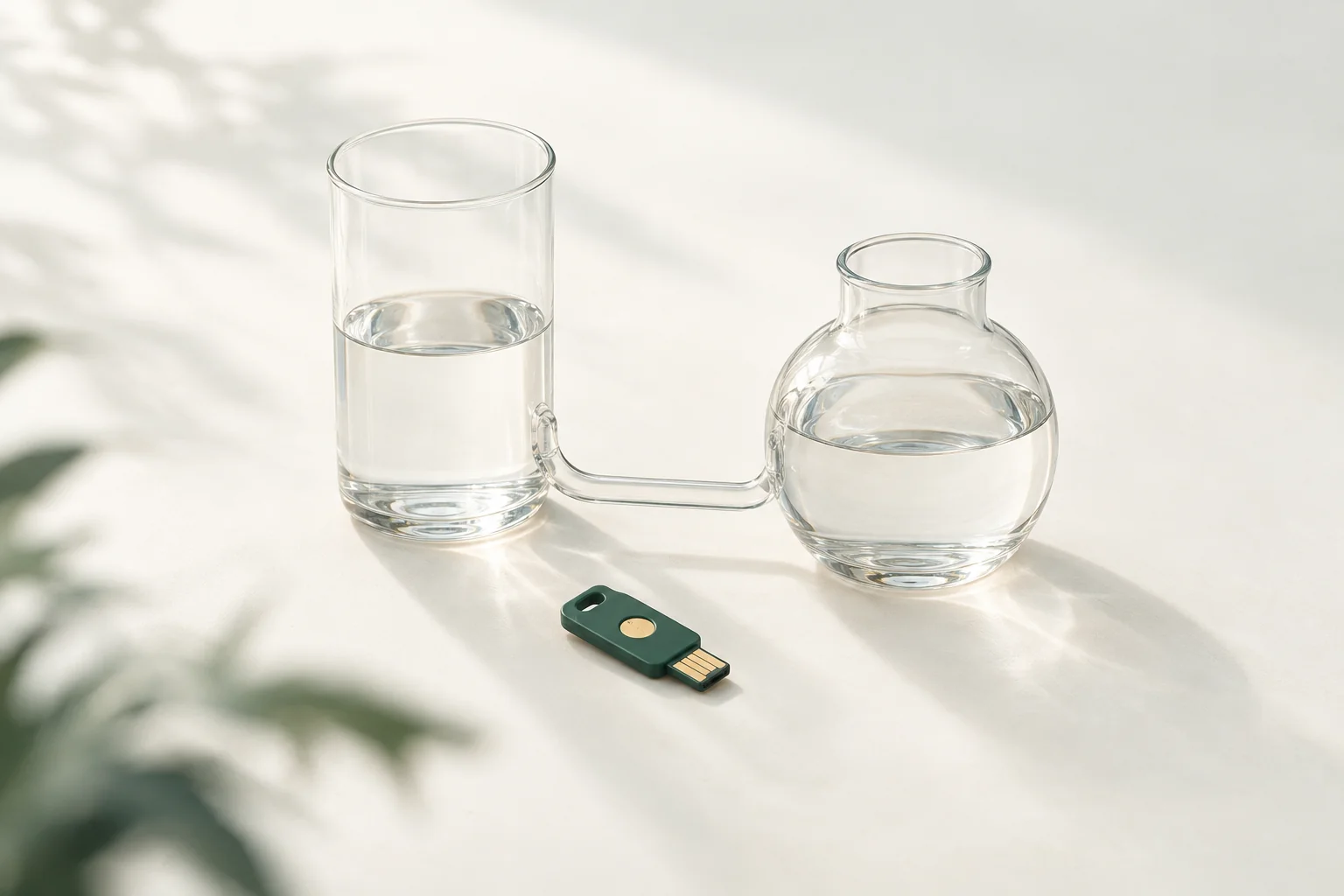 Illustration: zwei durch ein Glasröhrchen verbundene Glasgefäße mit gleich hohem Wasserstand, davor ein kleiner Hardware-Sicherheitsschlüssel