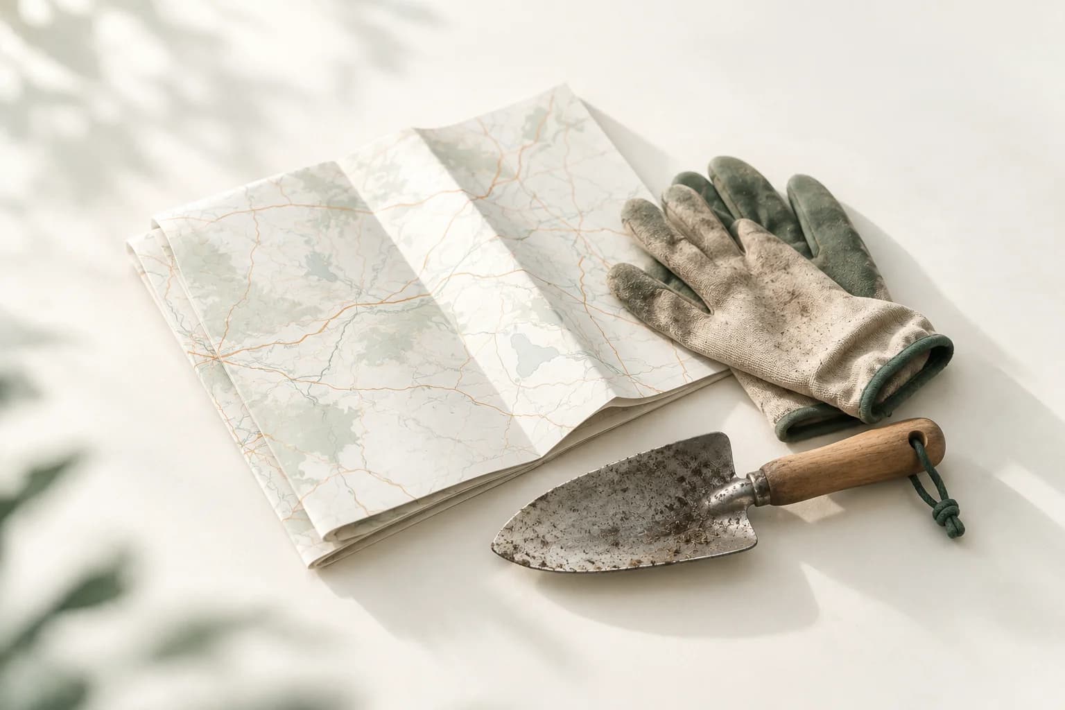 Illustration: gefaltete Straßenkarte ohne Beschriftung, daneben abgenutzte Gartenhandschuhe und eine Handschaufel mit Holzgriff