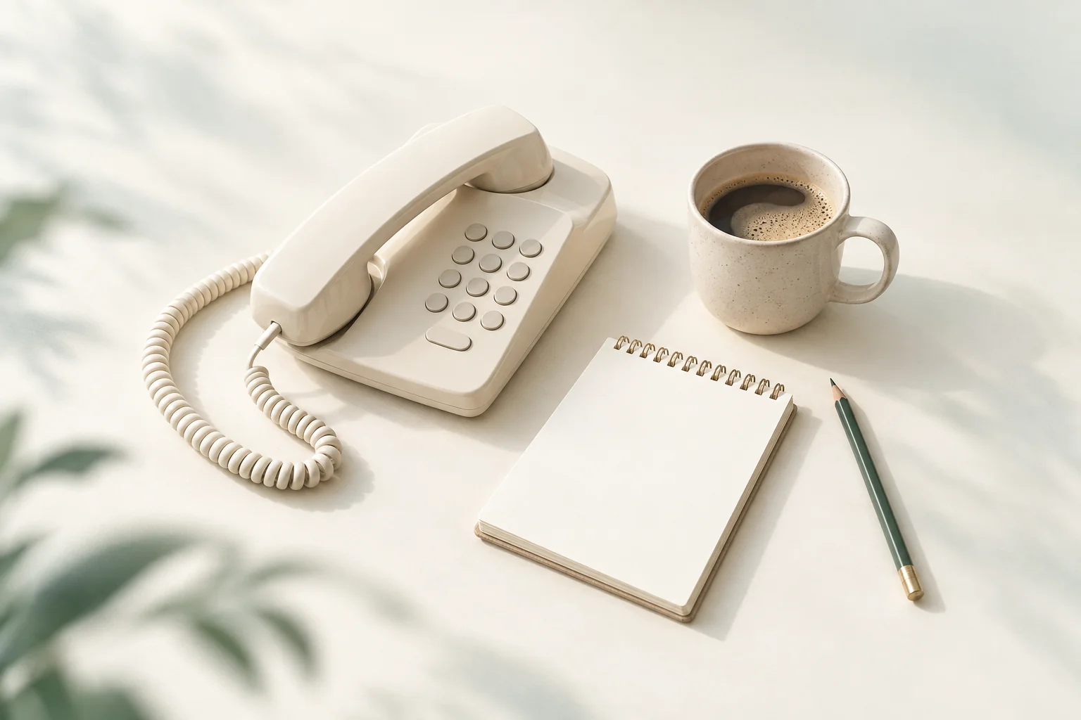 Illustration: cremefarbenes Tischtelefon mit Spiralkabel, daneben ein leerer Spiralblock mit Bleistift und ein Kaffeebecher