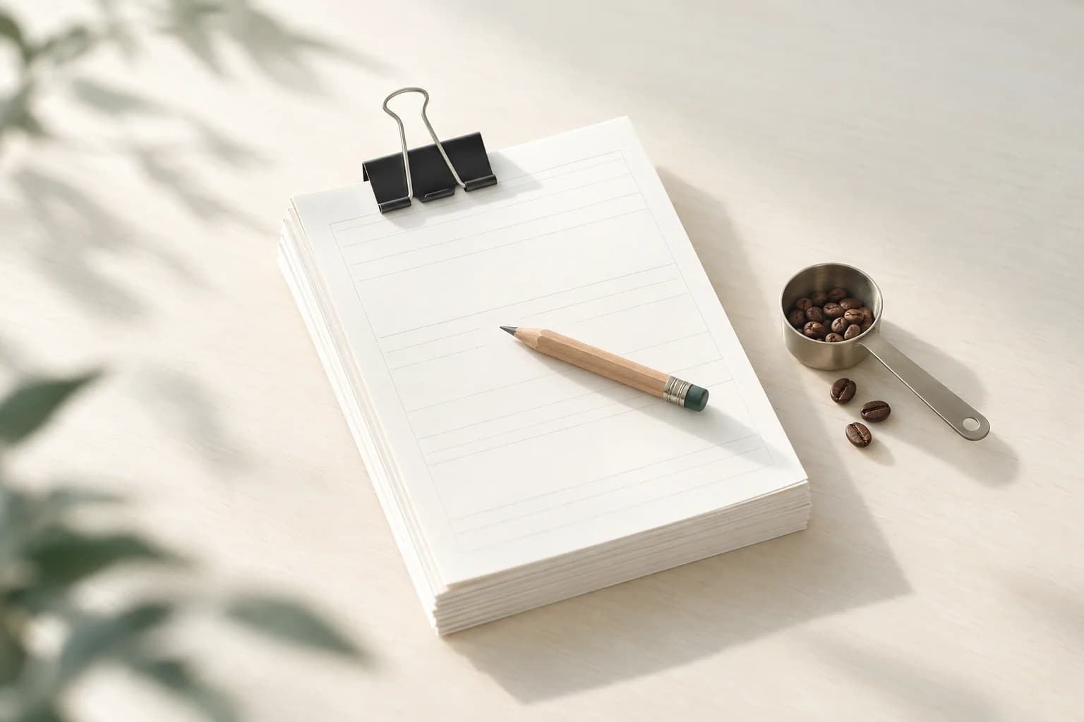 Illustration: dicker Stapel leerer Formularseiten mit schwarzer Klammer, darauf ein kurzer Bleistift, daneben ein Messlöffel mit Kaffeebohnen