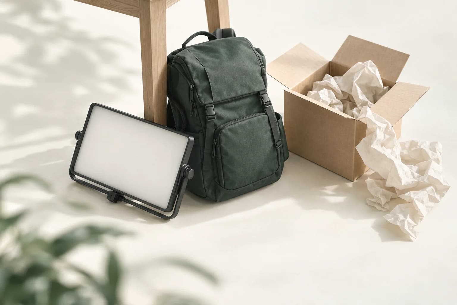 Illustration: LED-Flächenleuchte und dunkelgrüner Rucksack an einem Tischbein aus Holz, daneben ein geöffneter Versandkarton mit zerknülltem Packpapier