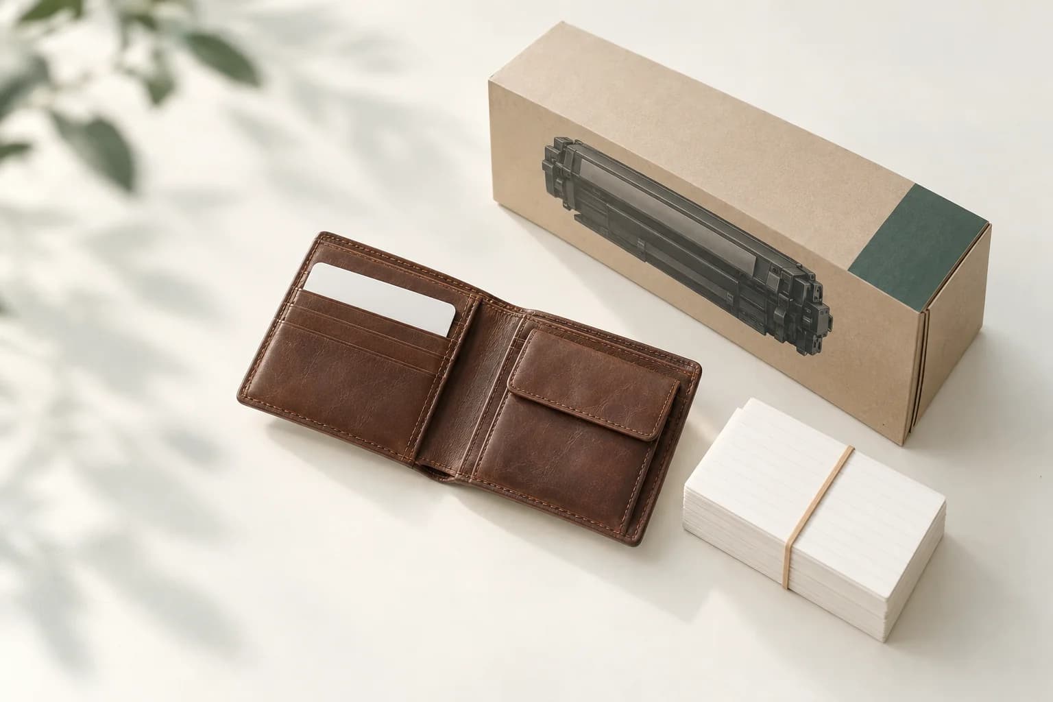 Illustration: aufgeklappte braune Geldbörse mit leerer Karte, daneben ein Karton mit dem Bild einer Tonerkartusche und ein Päckchen Karteikarten mit Gummiband