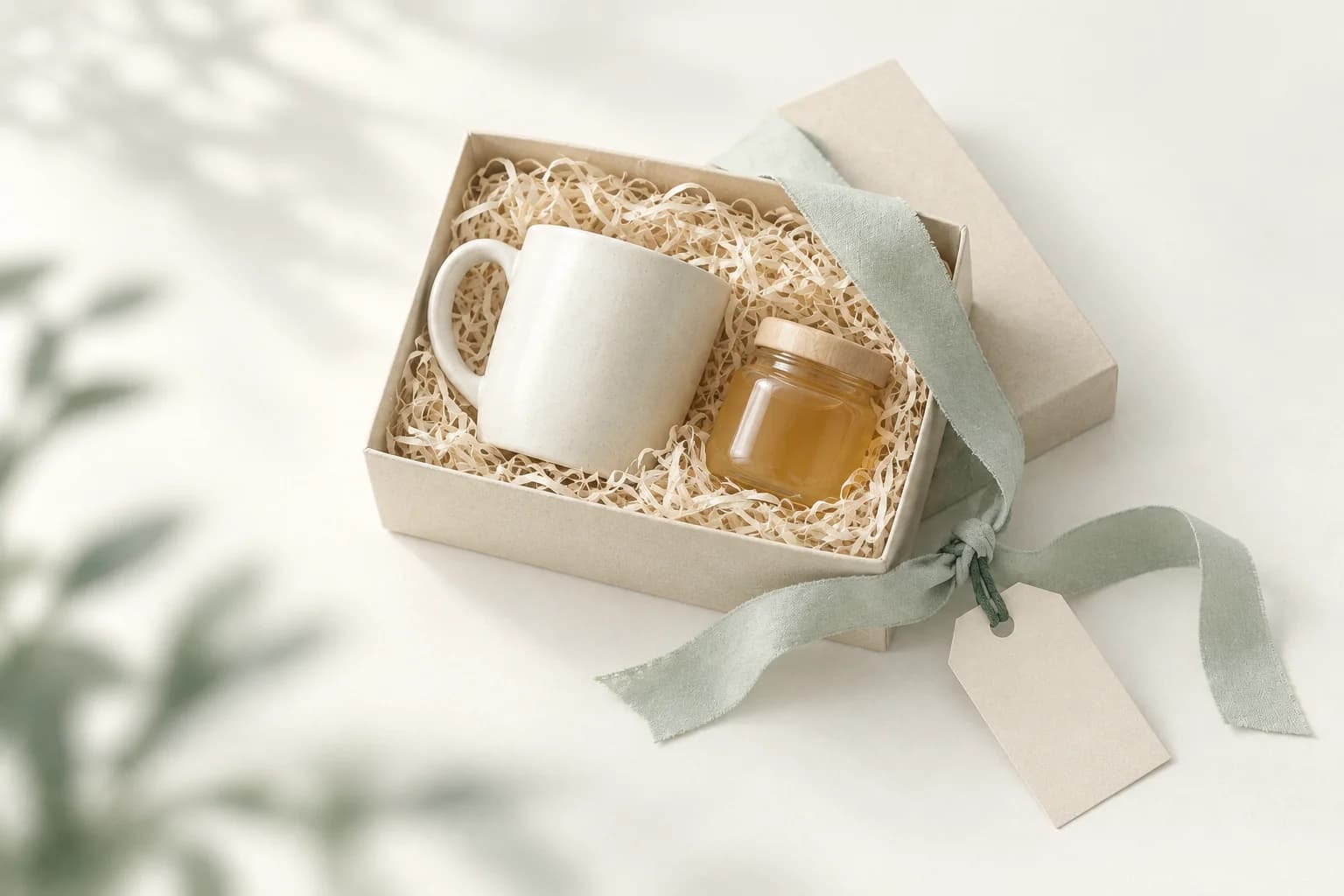Illustration: offene Geschenkbox mit Holzwolle, darin eine weiße Keramiktasse und ein kleines Glas Honig, daneben ein salbeigrünes Band mit leerem Anhänger