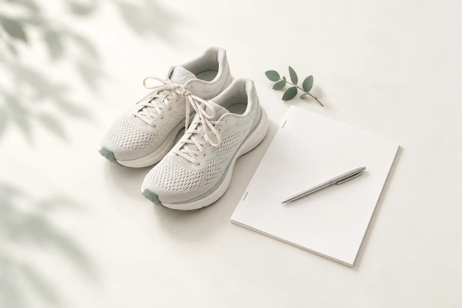 Illustration: neue Laufschuhe mit zusammengebundenen Schnürsenkeln, daneben ein geheftetes leeres Dokument und ein silberner Kugelschreiber