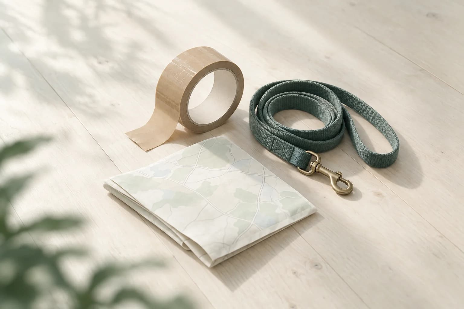 Illustration: Rolle Packband, eingerollte Hundeleine und eine gefaltete Landkarte ohne Beschriftung auf hellen Holzdielen