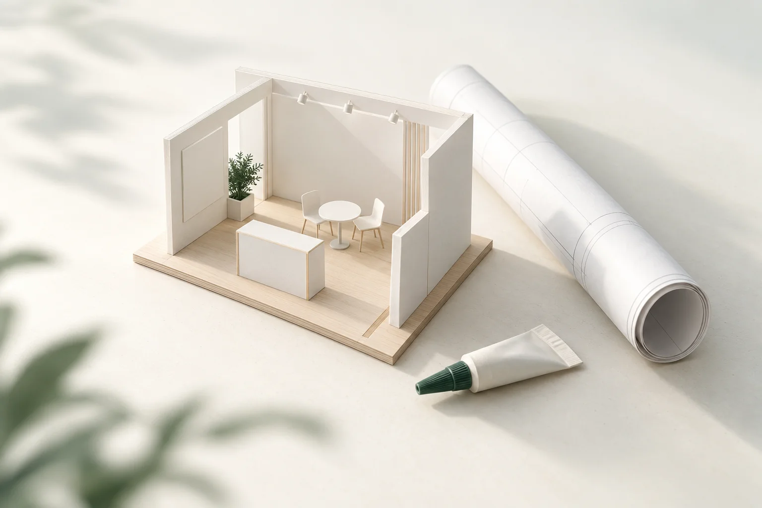 Illustration: kleines weißes Modell eines Messestands aus Schaumkarton mit Tisch und Stühlen, daneben ein aufgerollter Bauplan und eine Tube Kleber