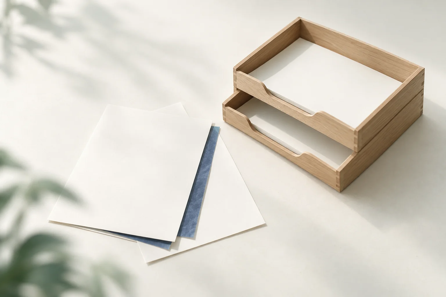 Illustration: zwei leere Blätter mit blauem Durchschlagpapier dazwischen, daneben eine zweistöckige Briefablage aus Holz