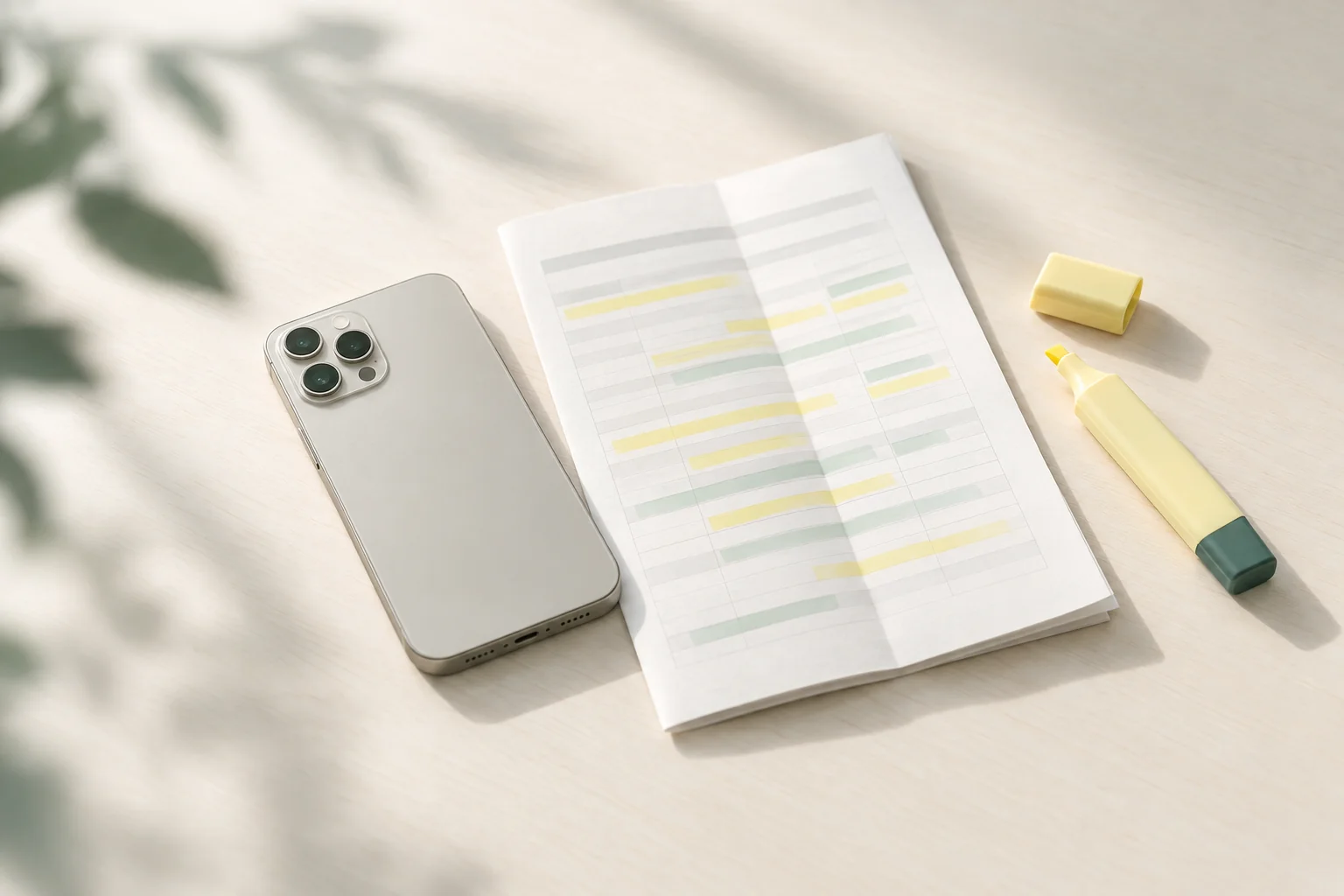 Illustration: Smartphone mit dem Display nach unten neben einem Ausdruck mit zweifarbig markierten Zeilen und einem gelben Textmarker