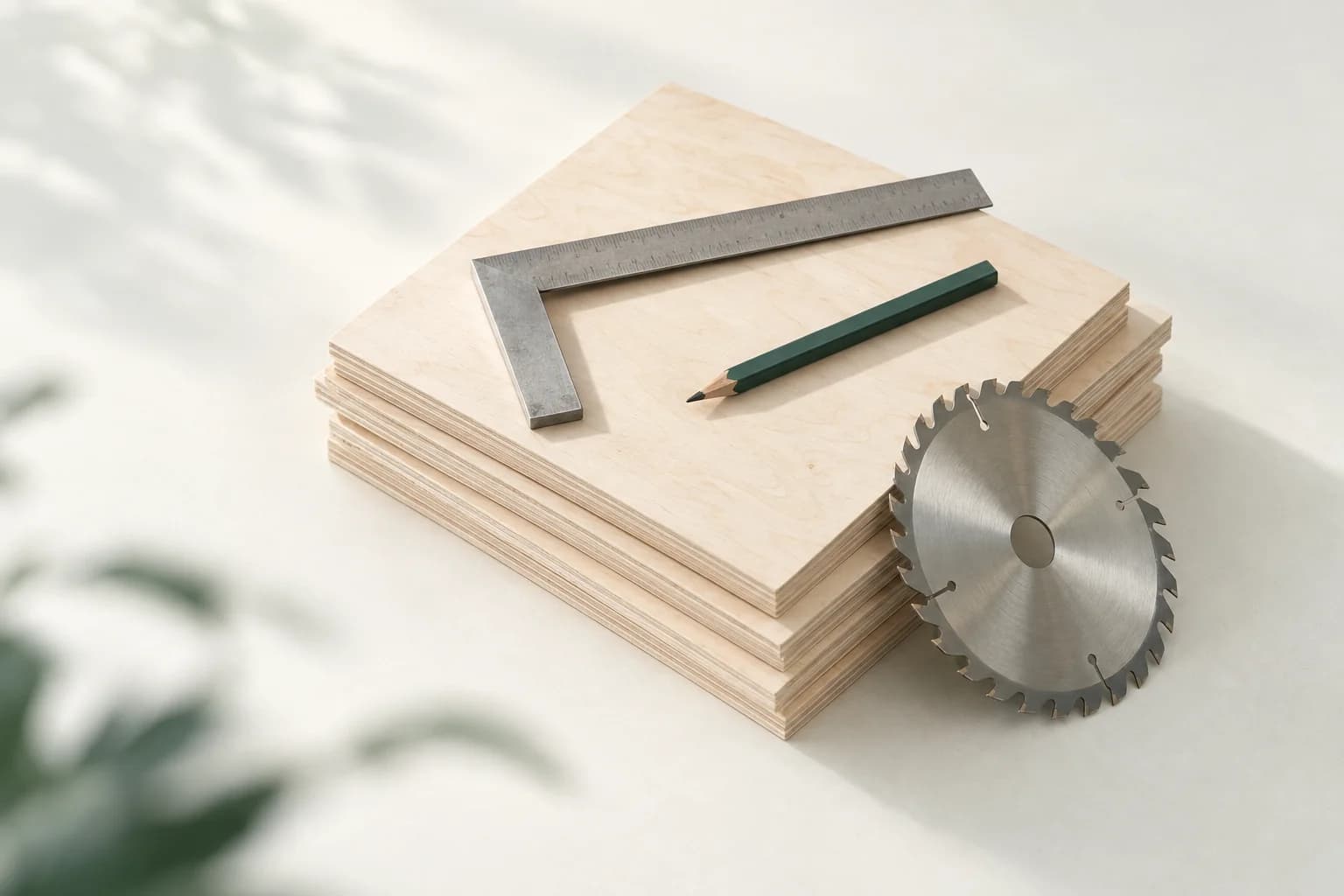 Illustration: Stapel Birkensperrholzplatten mit Zimmermannsbleistift und stählernem Winkel, daran gelehnt ein neues Kreissägeblatt