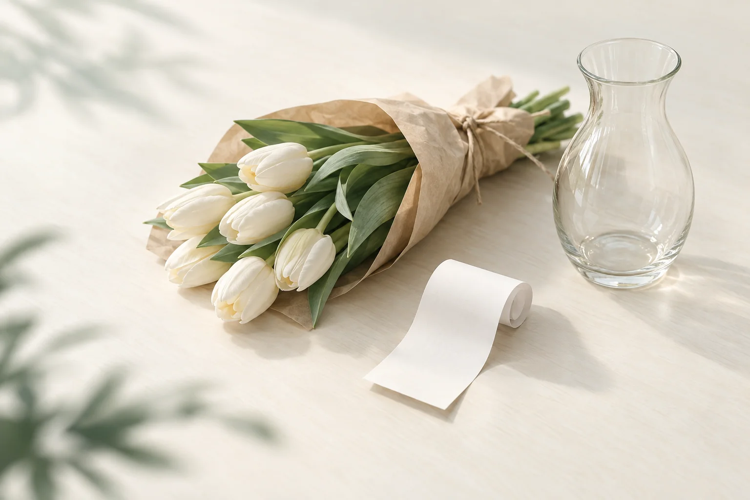 Illustration: eingerollter leerer Kassenbon auf einer Ladentheke neben einem Bund frischer Tulpen in Packpapier und einer leeren Glasvase