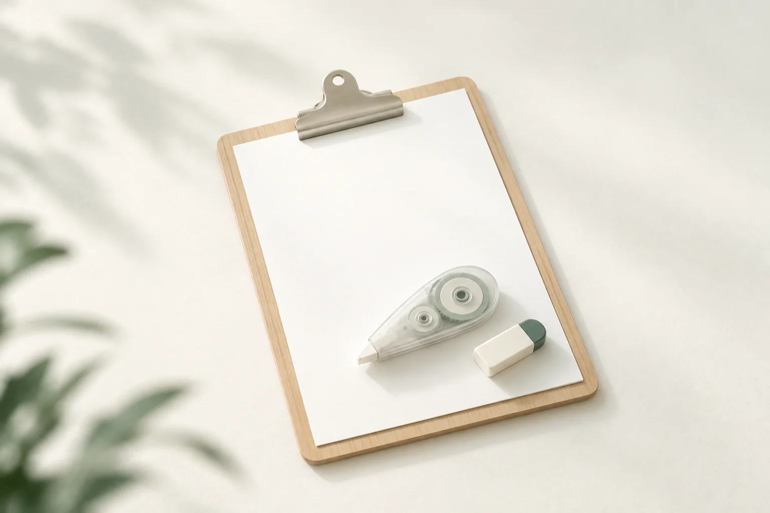 Illustration: leeres Blatt auf einem Klemmbrett aus Holz, quer darüber ein Korrekturroller, daneben ein kleiner Radiergummi