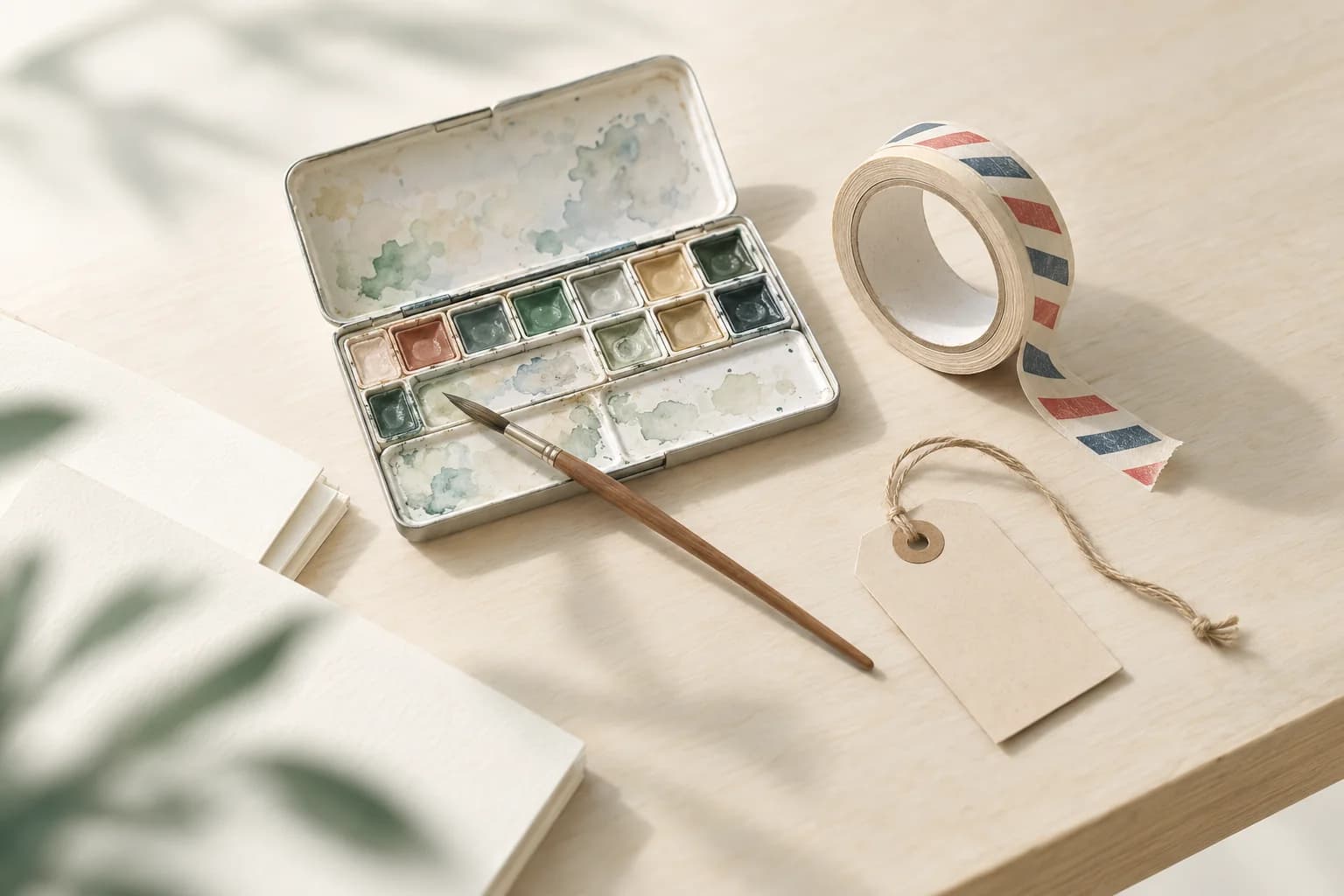 Illustration: geöffneter Aquarellkasten, eine Rolle Luftpost-Klebeband und ein leeres Anhängeschild an einer Schnur auf einem Zeichentisch