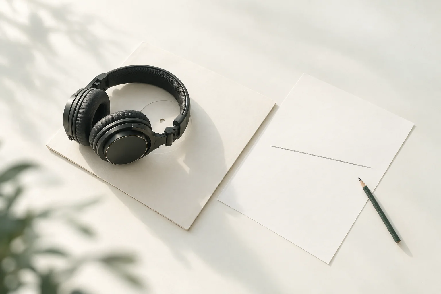 Illustration: geschlossener DJ-Kopfhörer auf einer leeren Plattenhülle neben einem Blatt Papier mit einem geraden Bleistiftstrich