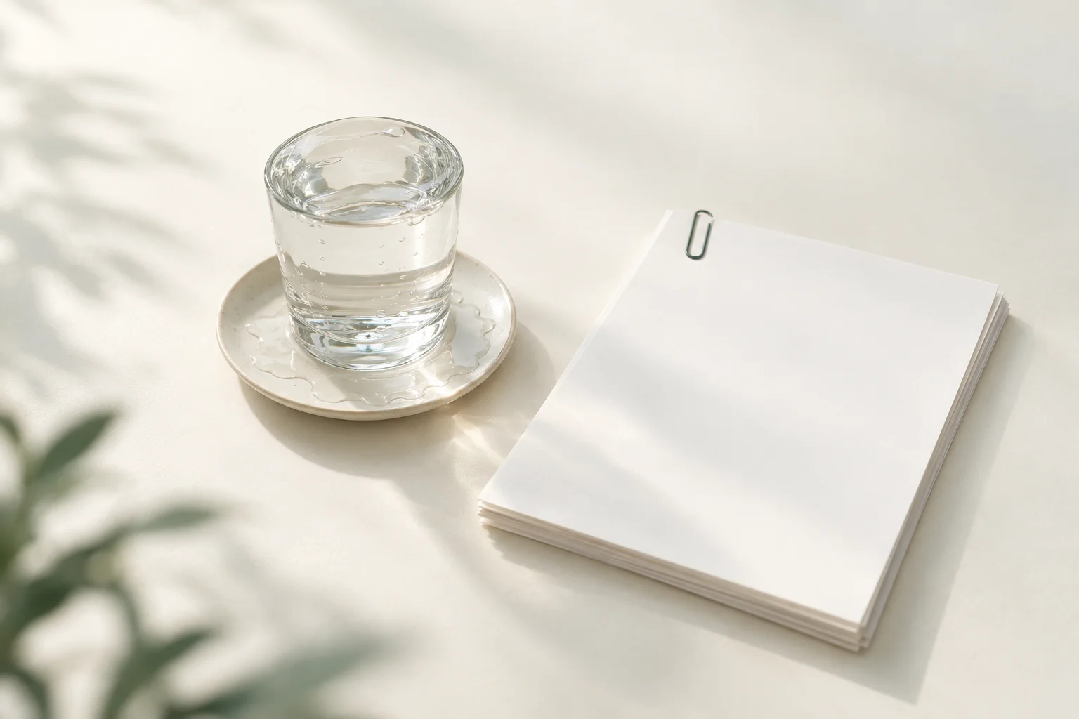 Illustration: randvolles Wasserglas, das auf die Untertasse überläuft, daneben ein ordentlicher Stapel leerer Blätter mit Büroklammer