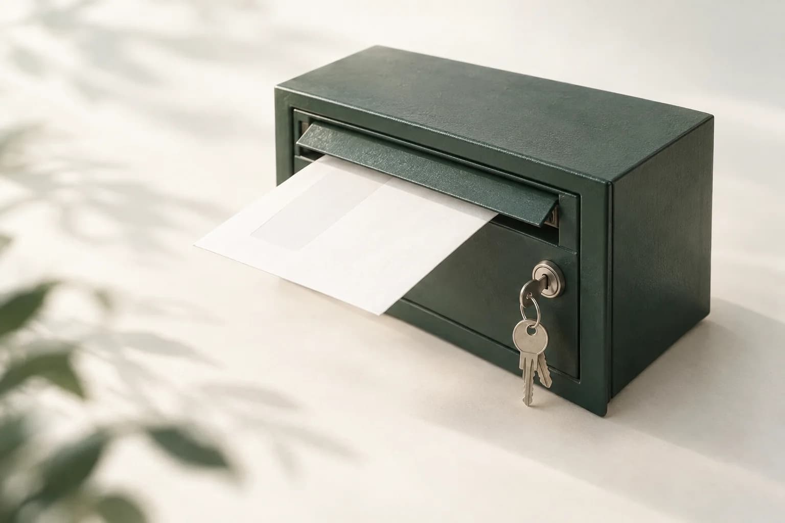 Illustration: Fensterumschlag steckt halb im Schlitz eines dunkelgrünen Briefkastens, am Schloss hängt ein Schlüsselbund