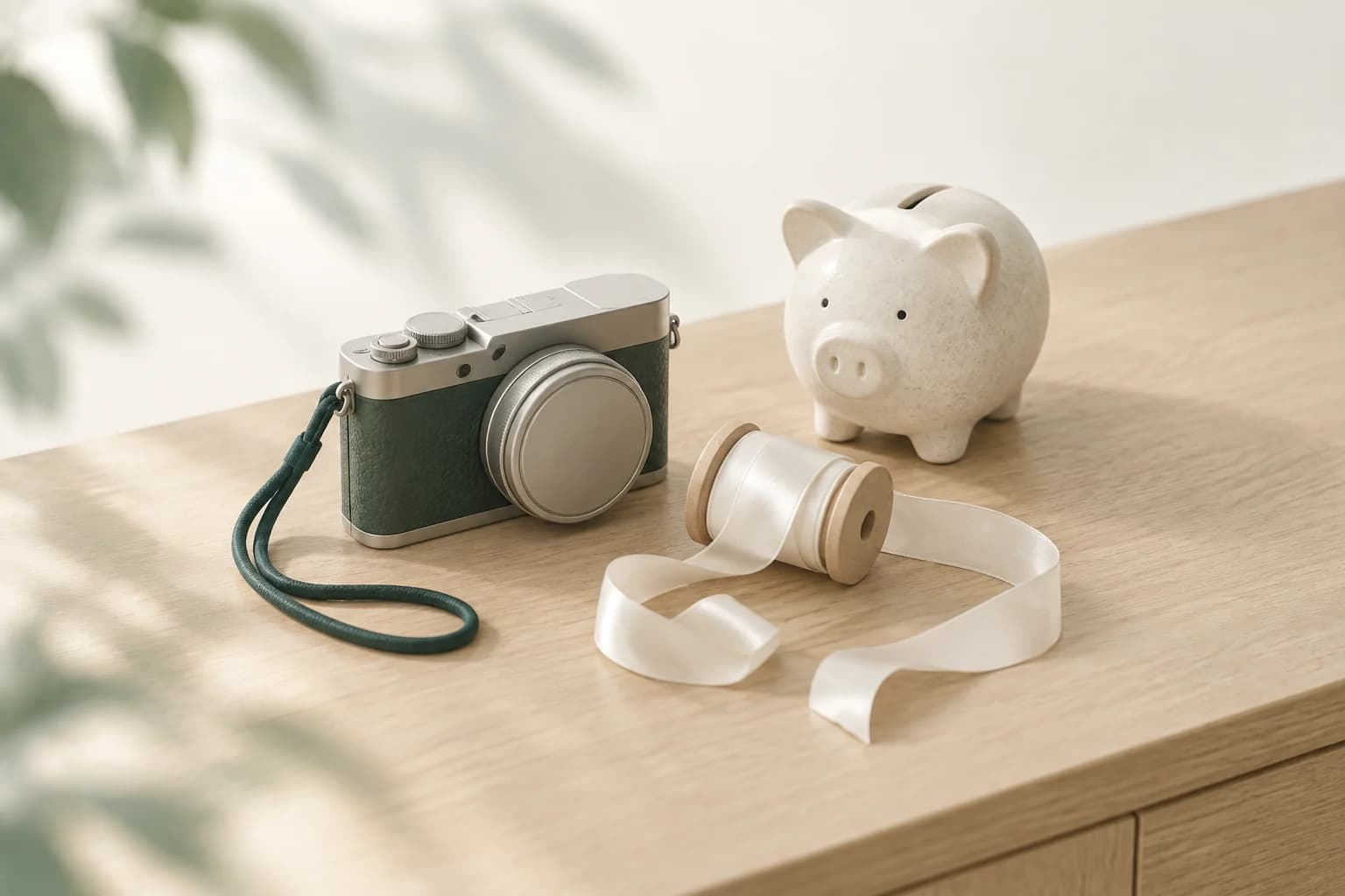 Illustration: Kamera mit aufgesetztem Objektivdeckel, eine Rolle weißes Satinband und ein kleines Sparschwein aus Keramik