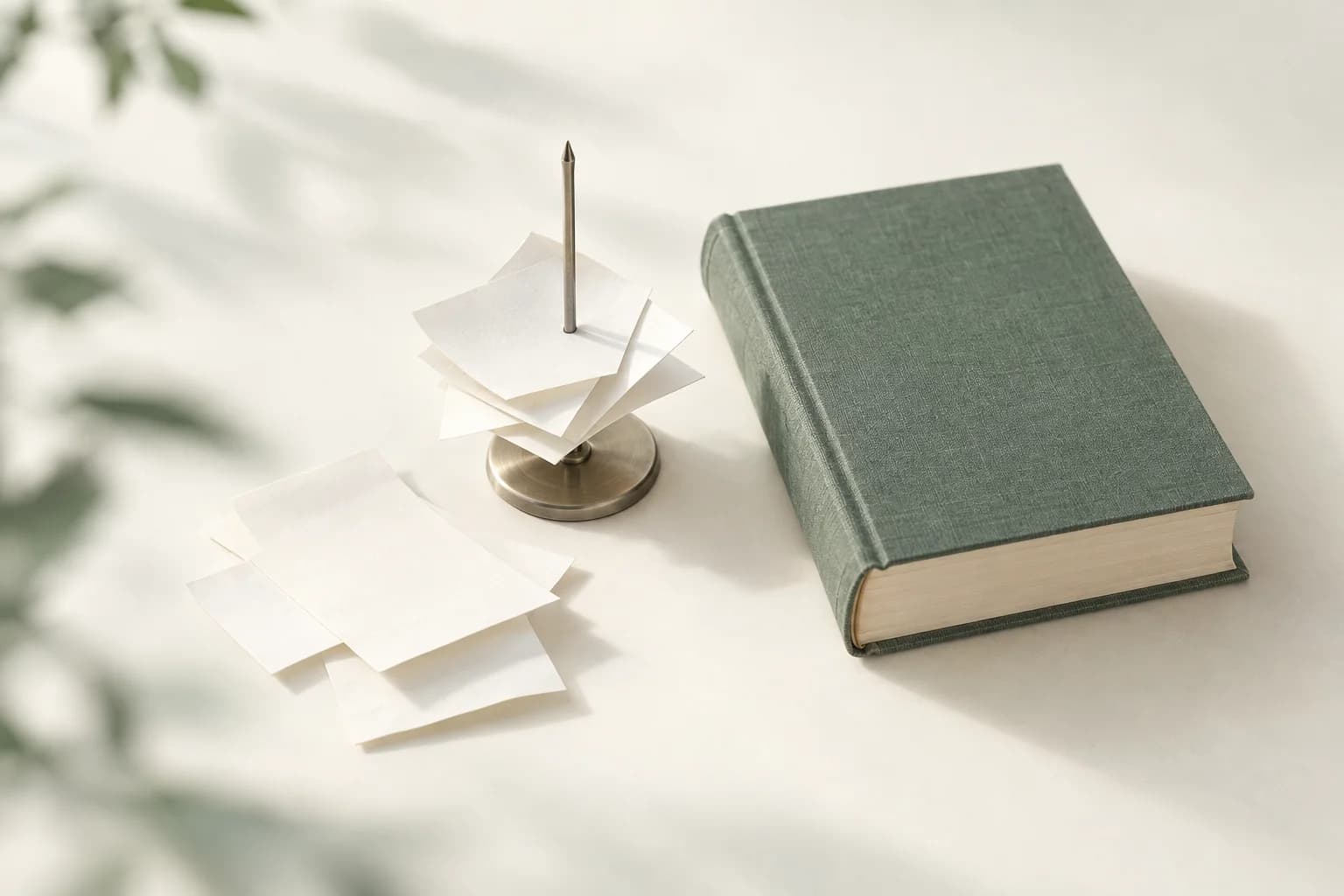 Illustration: Belegspieß mit einigen leeren Zetteln, daneben lose Zettel und ein dickes geschlossenes Buch mit grünem Leineneinband