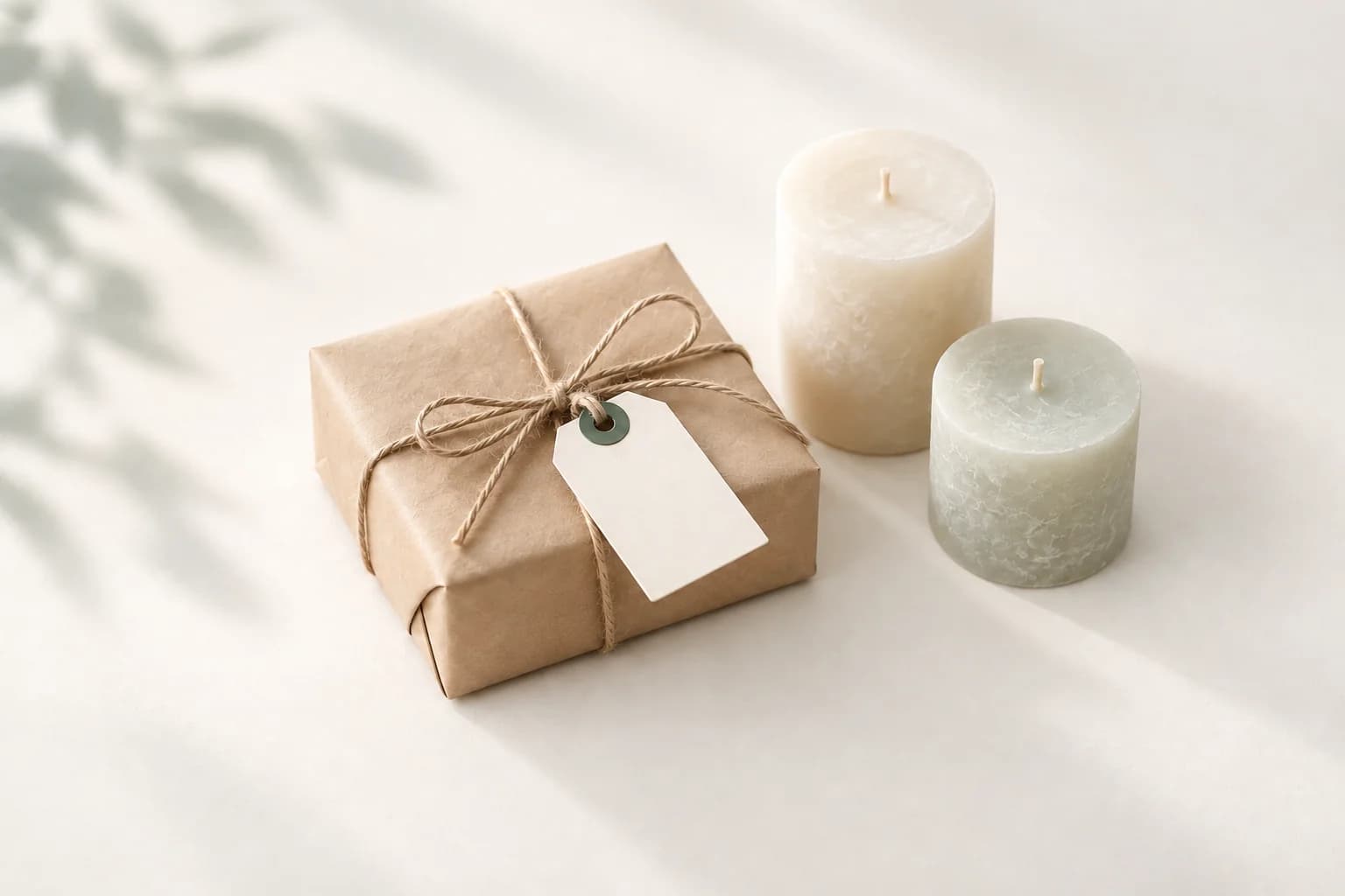 Illustration: in Packpapier geschnürtes Päckchen mit leerem Anhänger neben zwei nicht angezündeten Stumpenkerzen in Creme und Salbeigrün