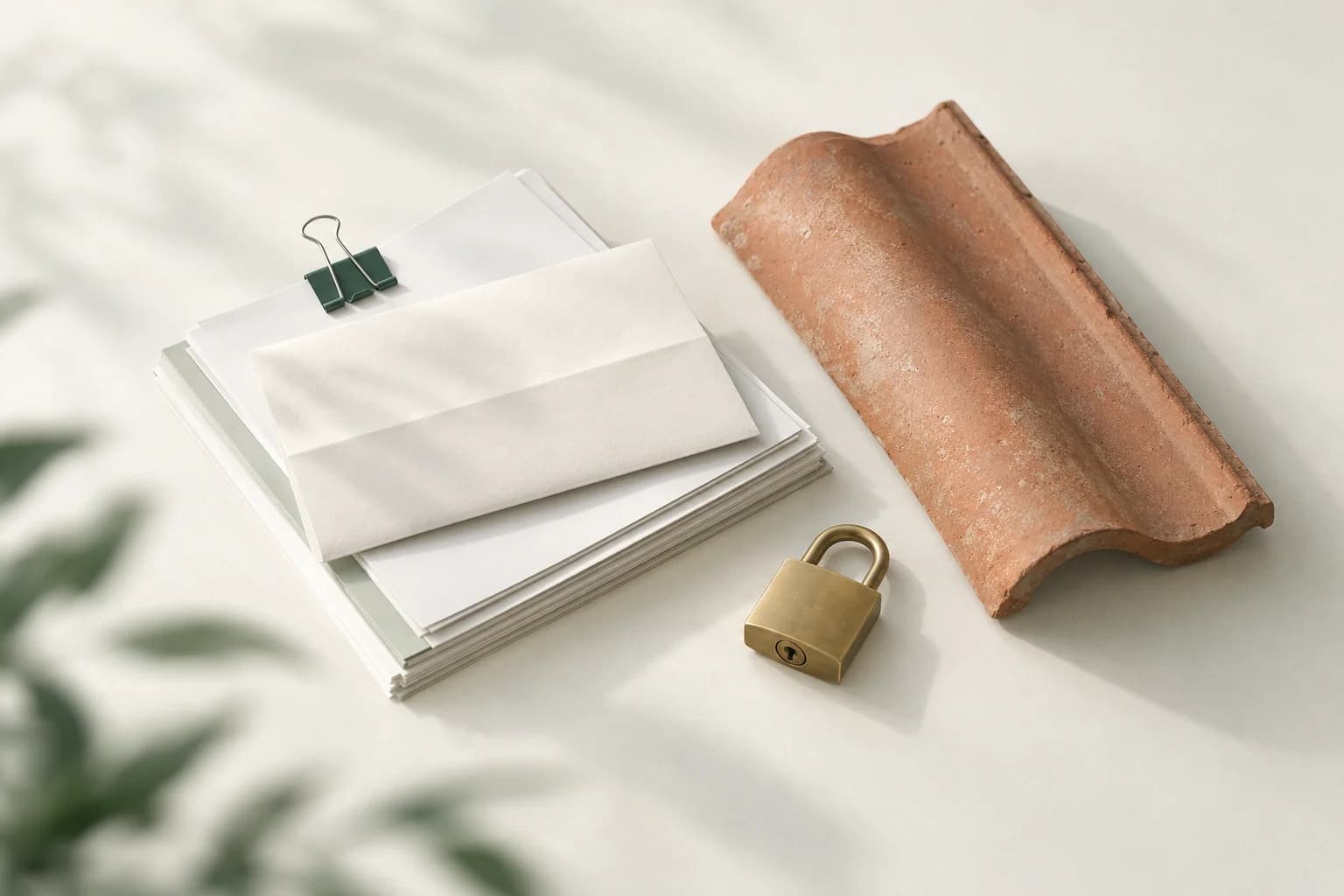 Illustration: Briefumschlag auf einem Papierstapel mit grüner Klammer, daneben ein Dachziegel aus Terrakotta und ein kleines Vorhängeschloss aus Messing