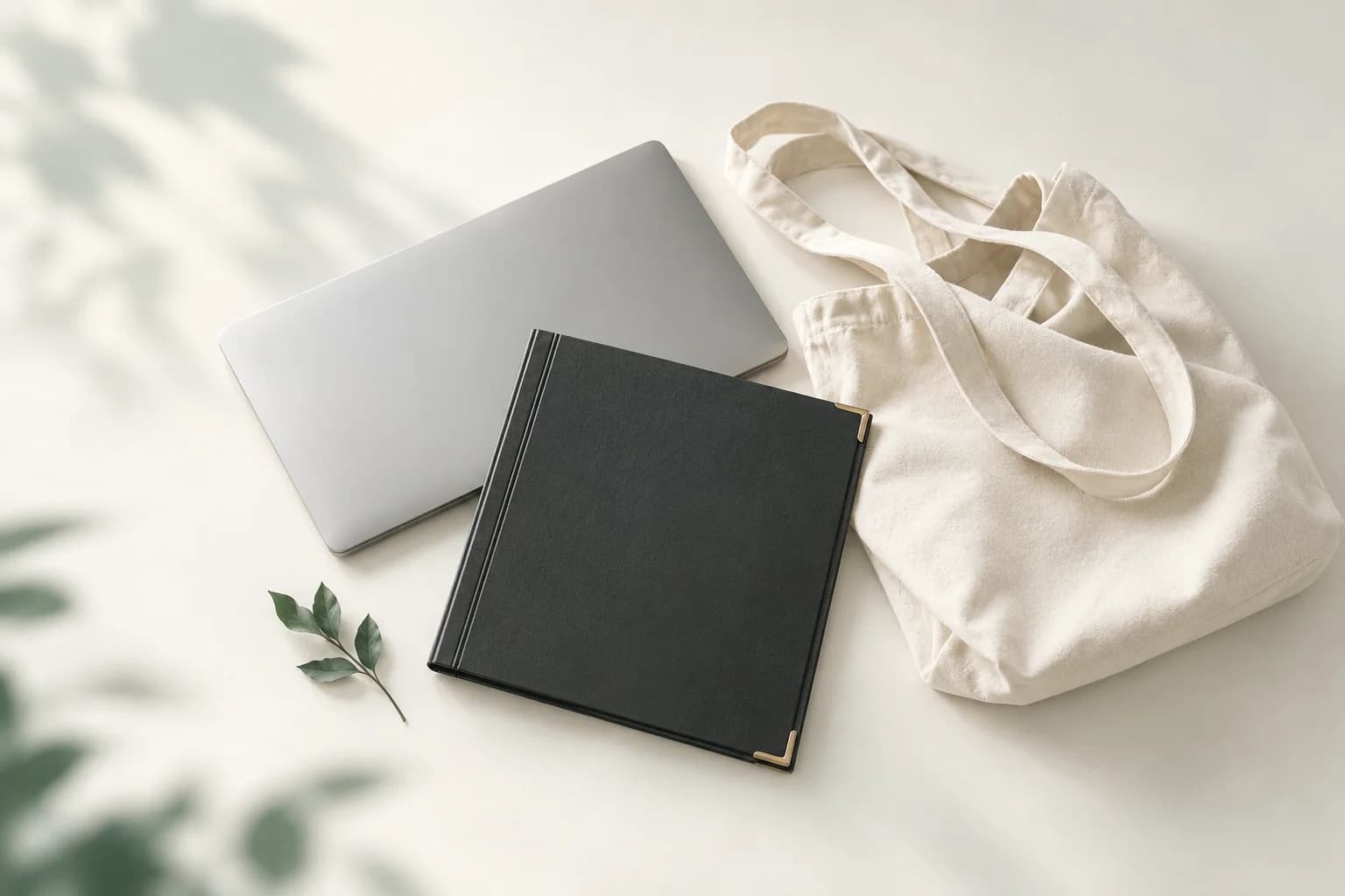 Illustration: geschlossene schwarze Chormappe mit Metallecken neben einem zugeklappten Laptop, einer Stofftasche und einem kleinen grünen Zweig