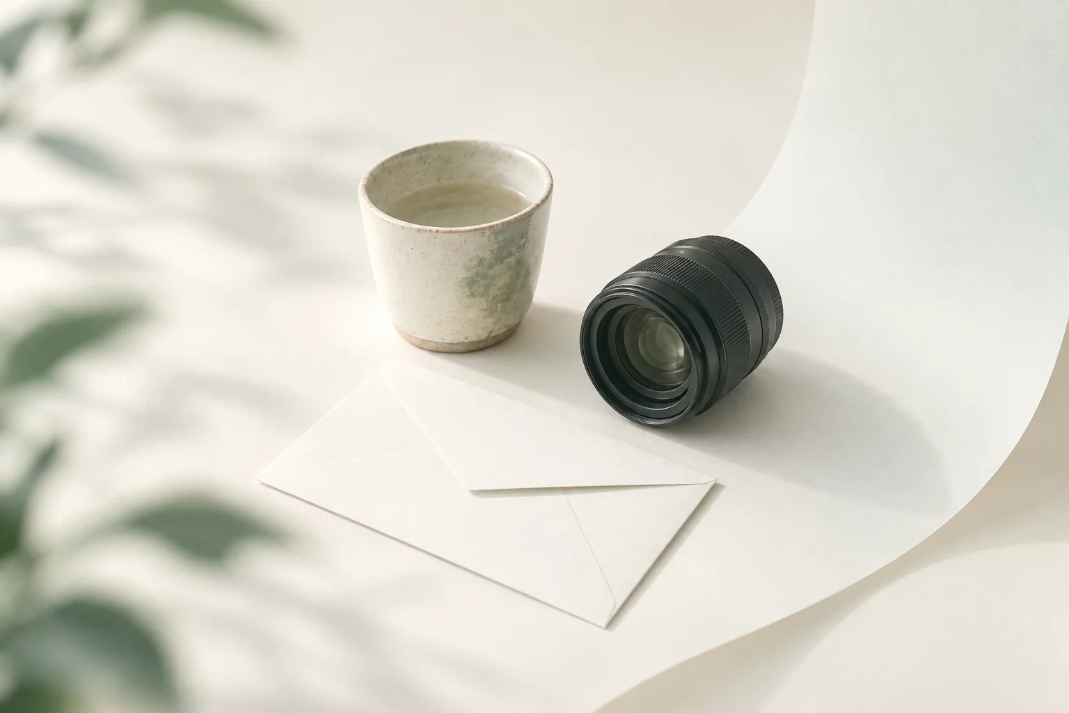 Illustration: handgemachte Keramiktasse auf weißem Fotohintergrund, daneben ein Kameraobjektiv und ein ungeöffneter Umschlag