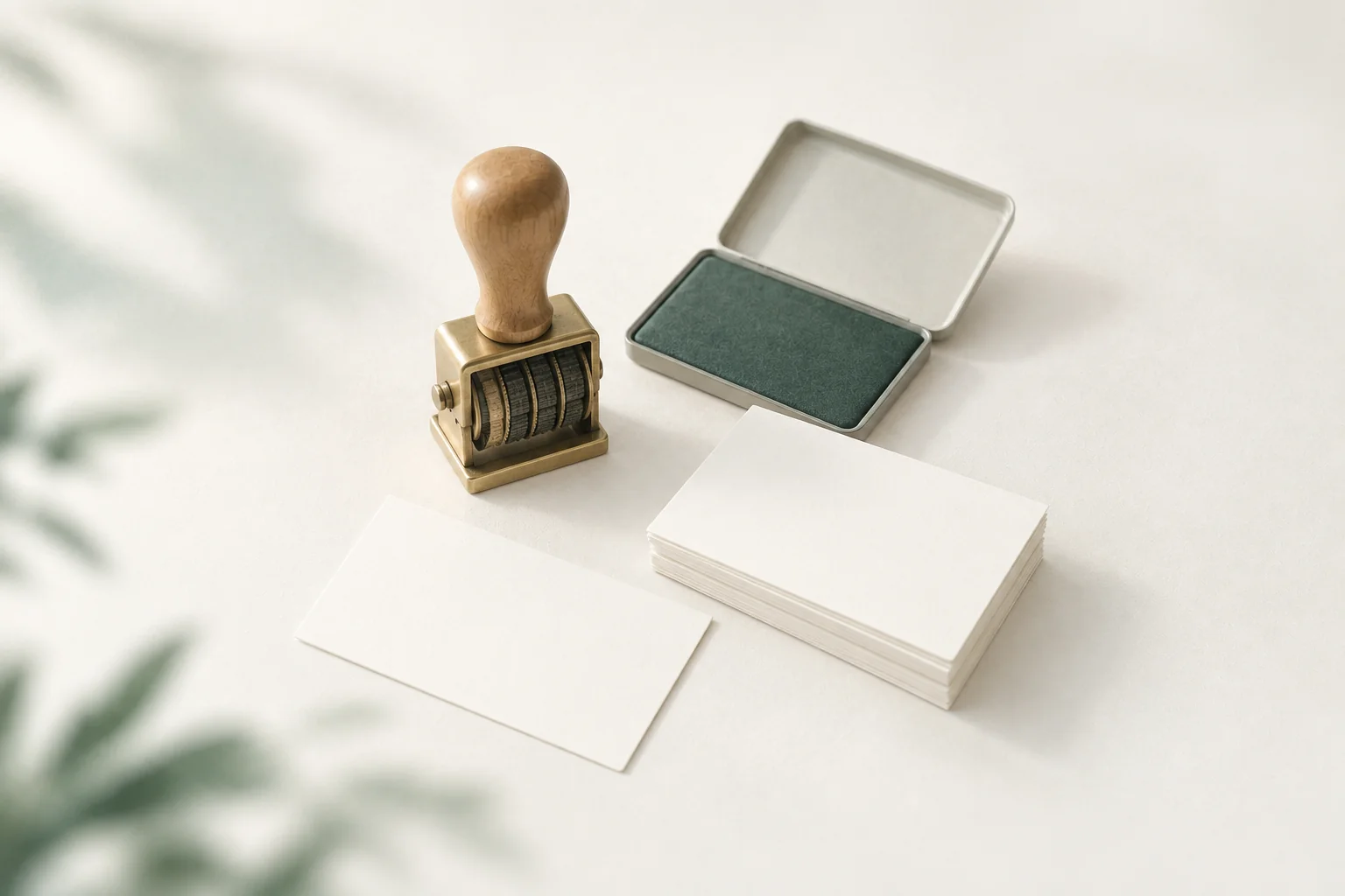 Illustration: Nummerierstempel aus Messing mit Holzgriff neben einem offenen grünen Stempelkissen und leeren Karteikarten, eine liegt etwas abseits