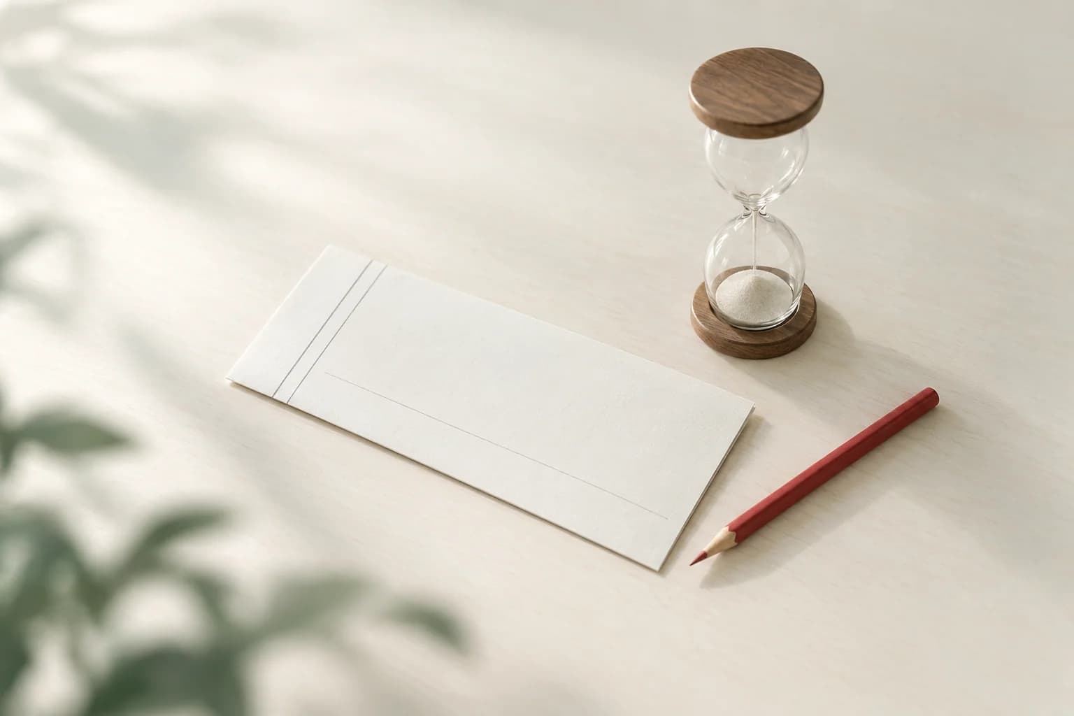 Illustration: umgedrehter Verrechnungsscheck neben einer abgelaufenen Sanduhr und einem roten Bleistift