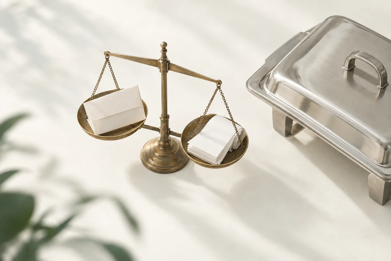 Illustration: Balkenwaage aus Messing mit gefaltetem Brief in der einen und Kassenzetteln in der anderen Schale, daneben ein Speisenwärmer mit Deckel