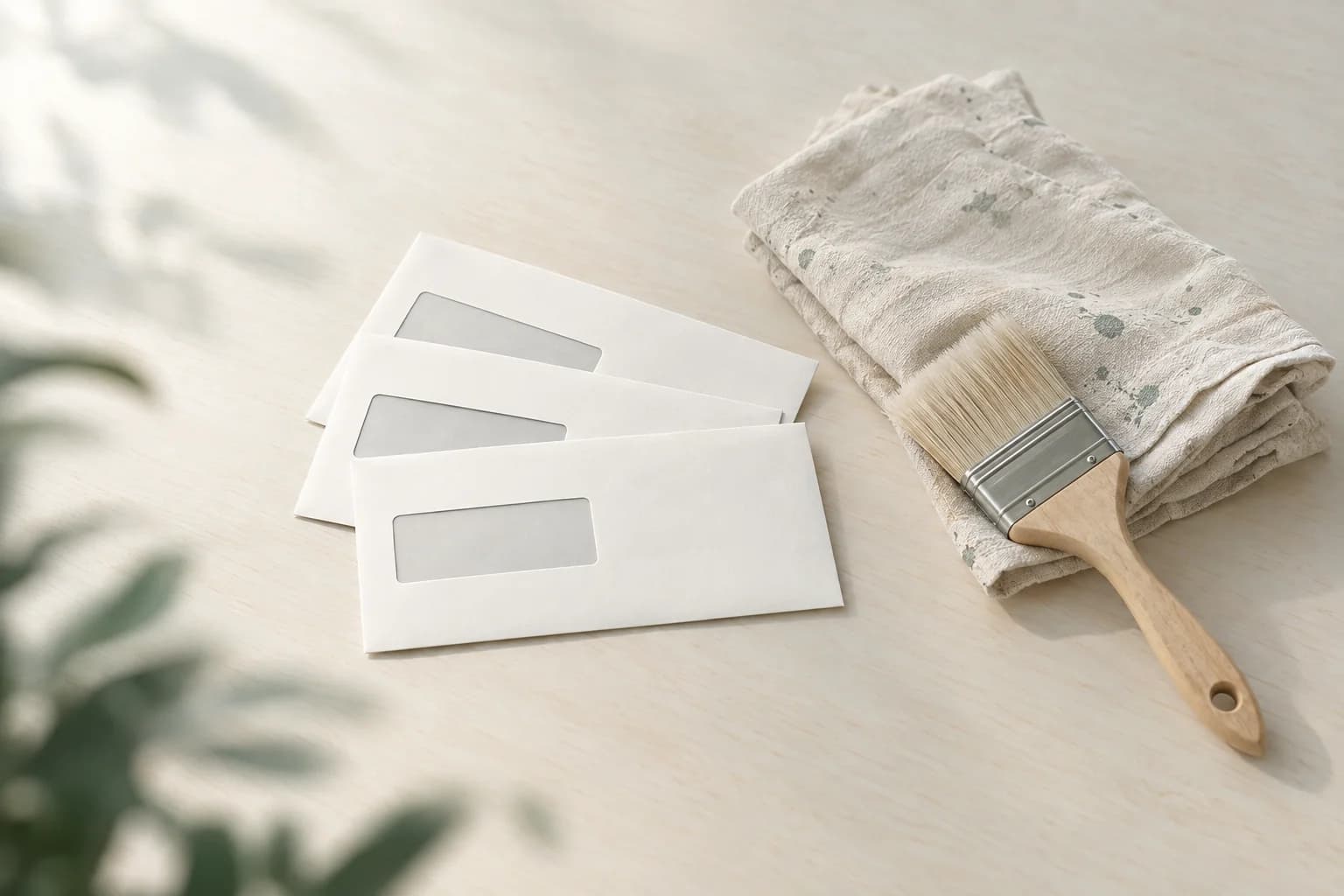 Illustration: drei aufgefächerte Fensterumschläge auf einem hellen Holztisch neben einer gefalteten, farbbespritzten Malerplane und einem breiten Pinsel