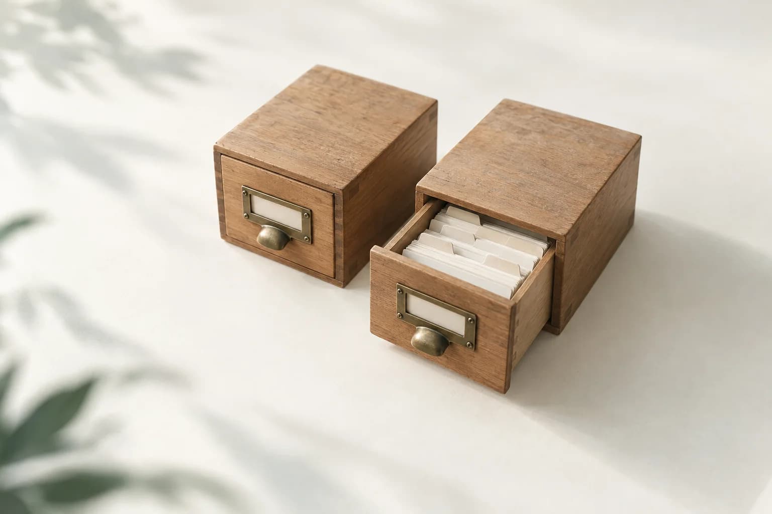 Illustration: zwei kleine Karteikästen aus Holz nebeneinander mit leeren Messing-Schildhaltern, einer halb geöffnet mit leeren Registerkarten